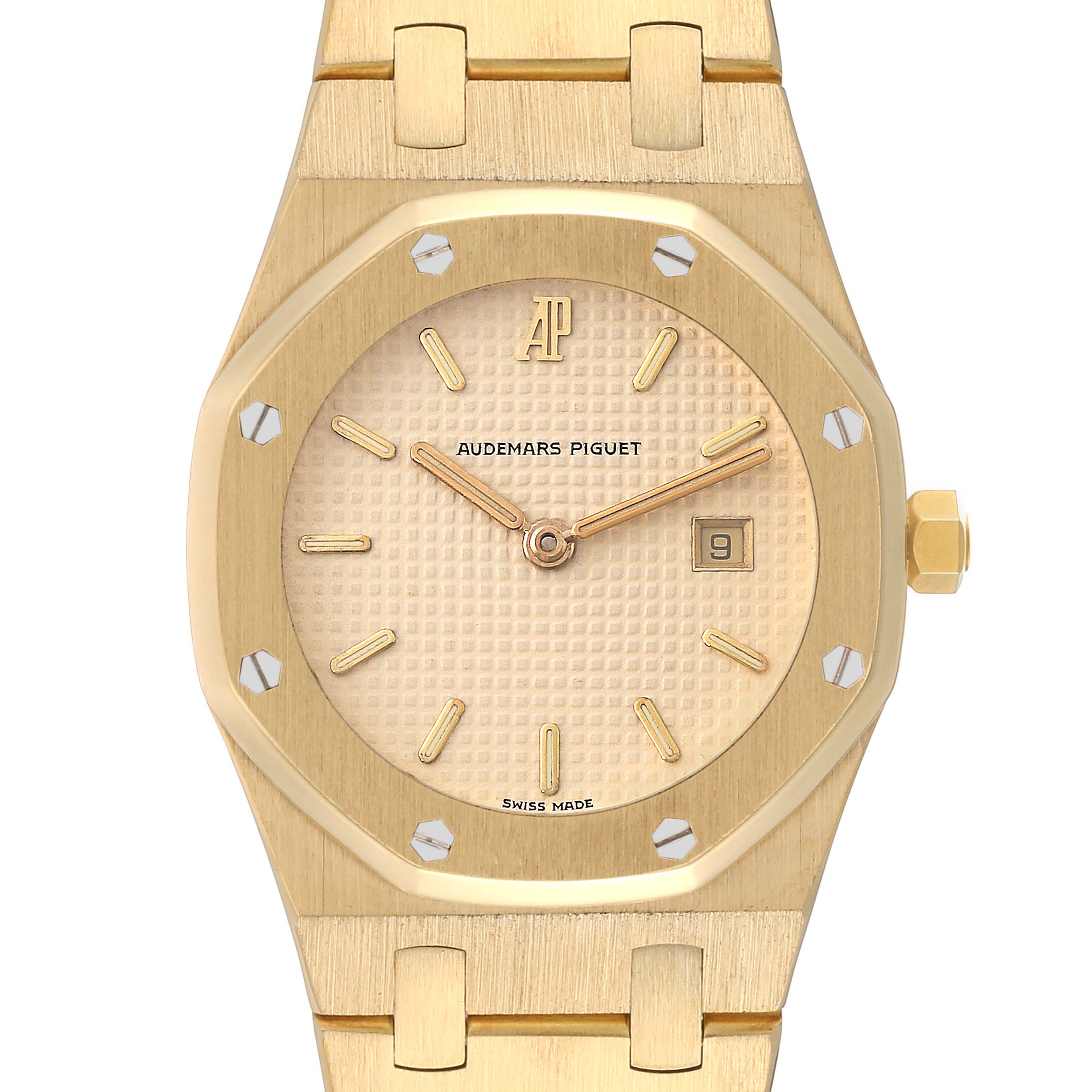 This image shows the front view of the Audemars Piguet Royal Oak Women's Yellow Gold Beige Dial Women's Yellow Gold Beige Dial watch, highlighting its gold-toned dial, date window, and bracelet.