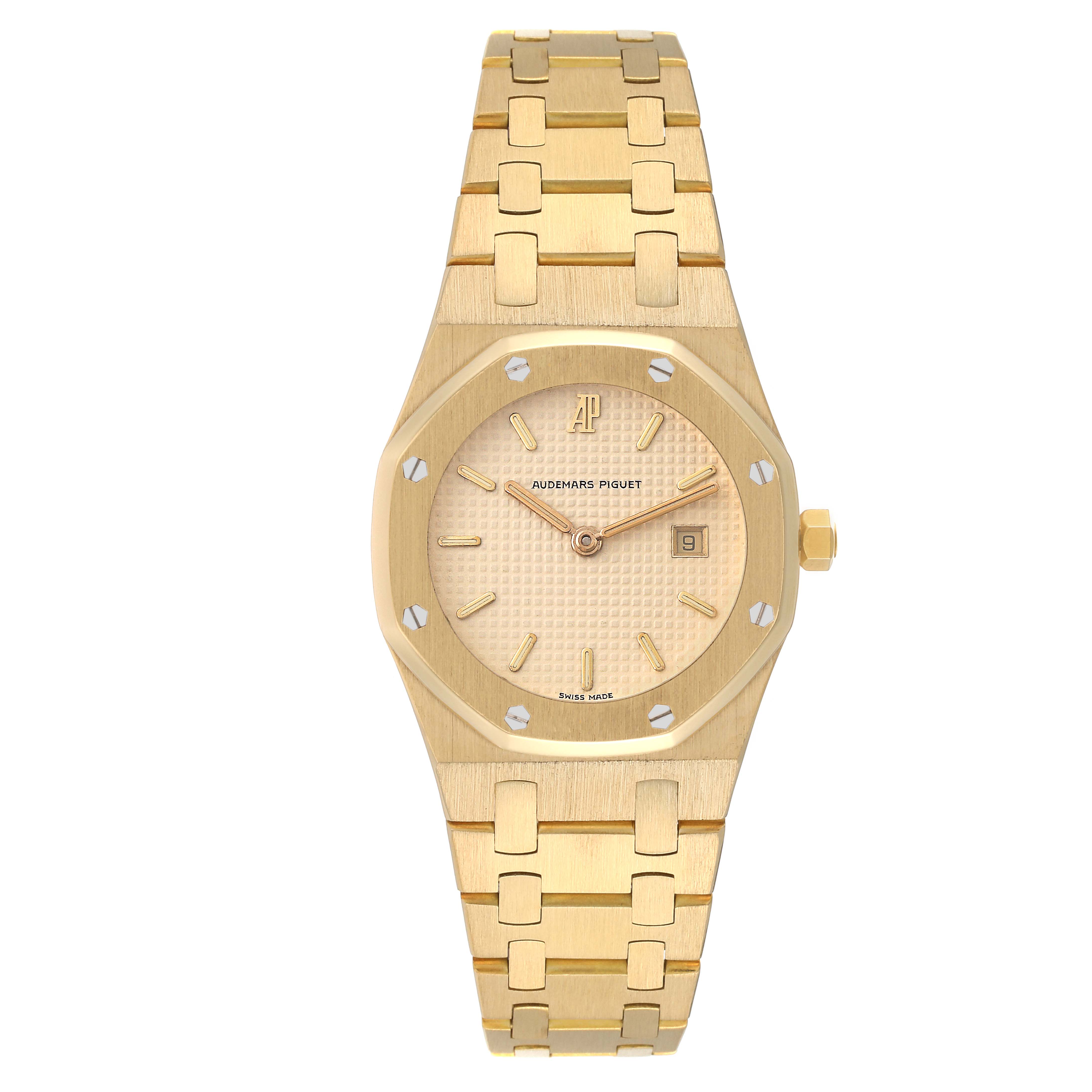 This image shows the Audemars Piguet Royal Oak Women's Yellow Gold Beige Dial Women's Yellow Gold Beige Dial watch from a front angle, displaying the face, bezel, crown, and bracelet.