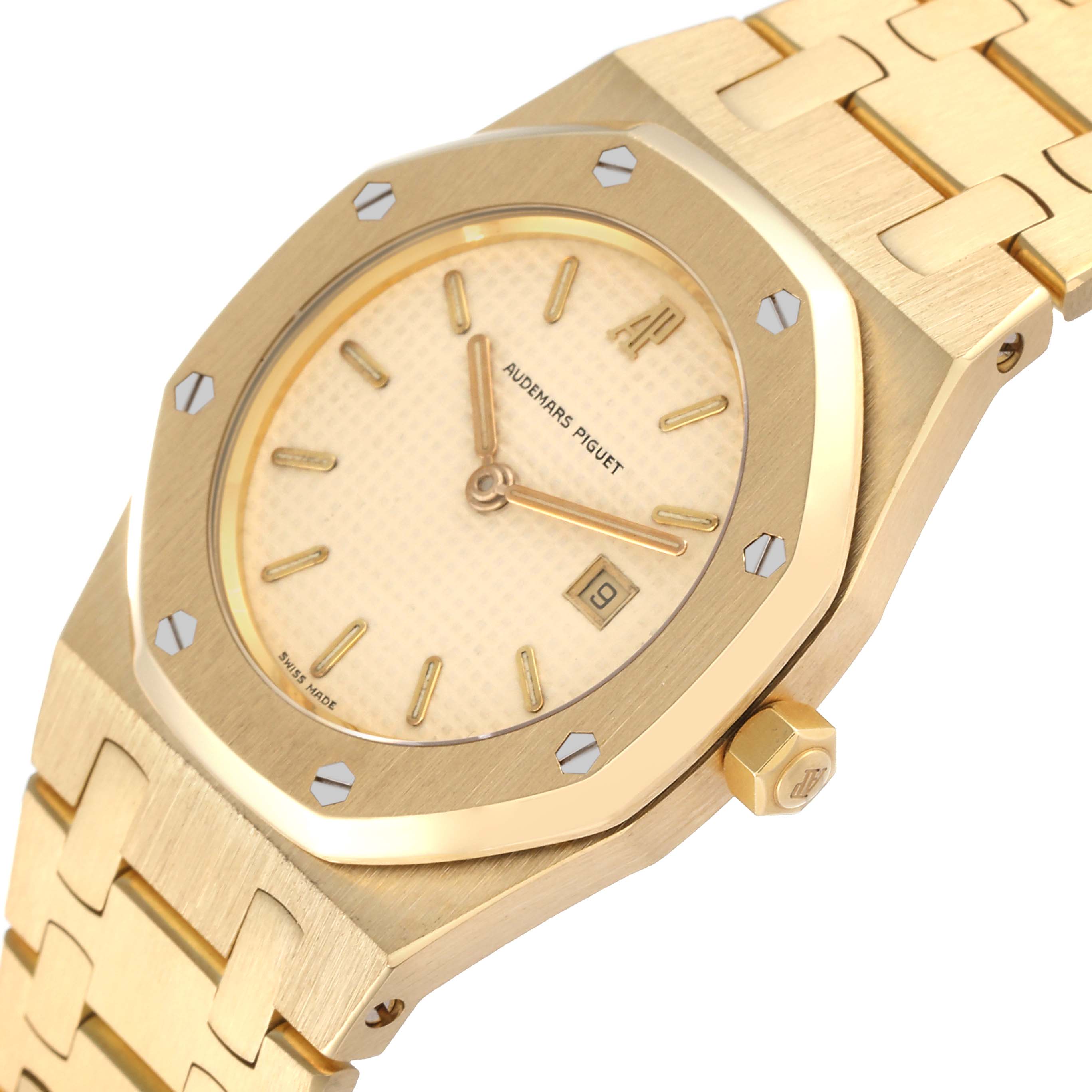 The image shows a close-up view of an Audemars Piguet Royal Oak Women's Yellow Gold Beige Dial Women's Yellow Gold Beige Dial watch, highlighting its dial, bezel, and bracelet.
