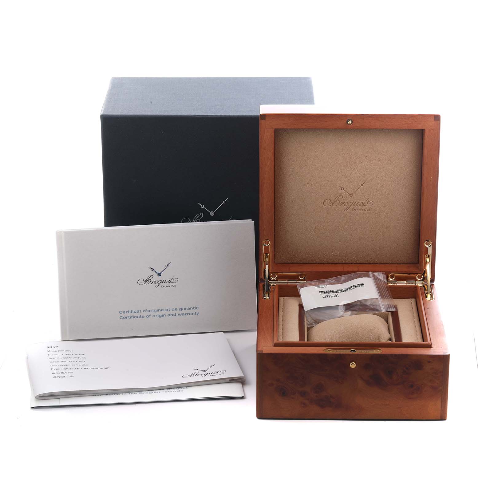 The image shows the Breguet Marine 5847BR/Z2/5ZV Men's Rose Gold Black Dial 5847BR/Z2/5ZV Men's Rose Gold Black Dial model's opened wooden box, warranty booklet, and outer box from a front angle.