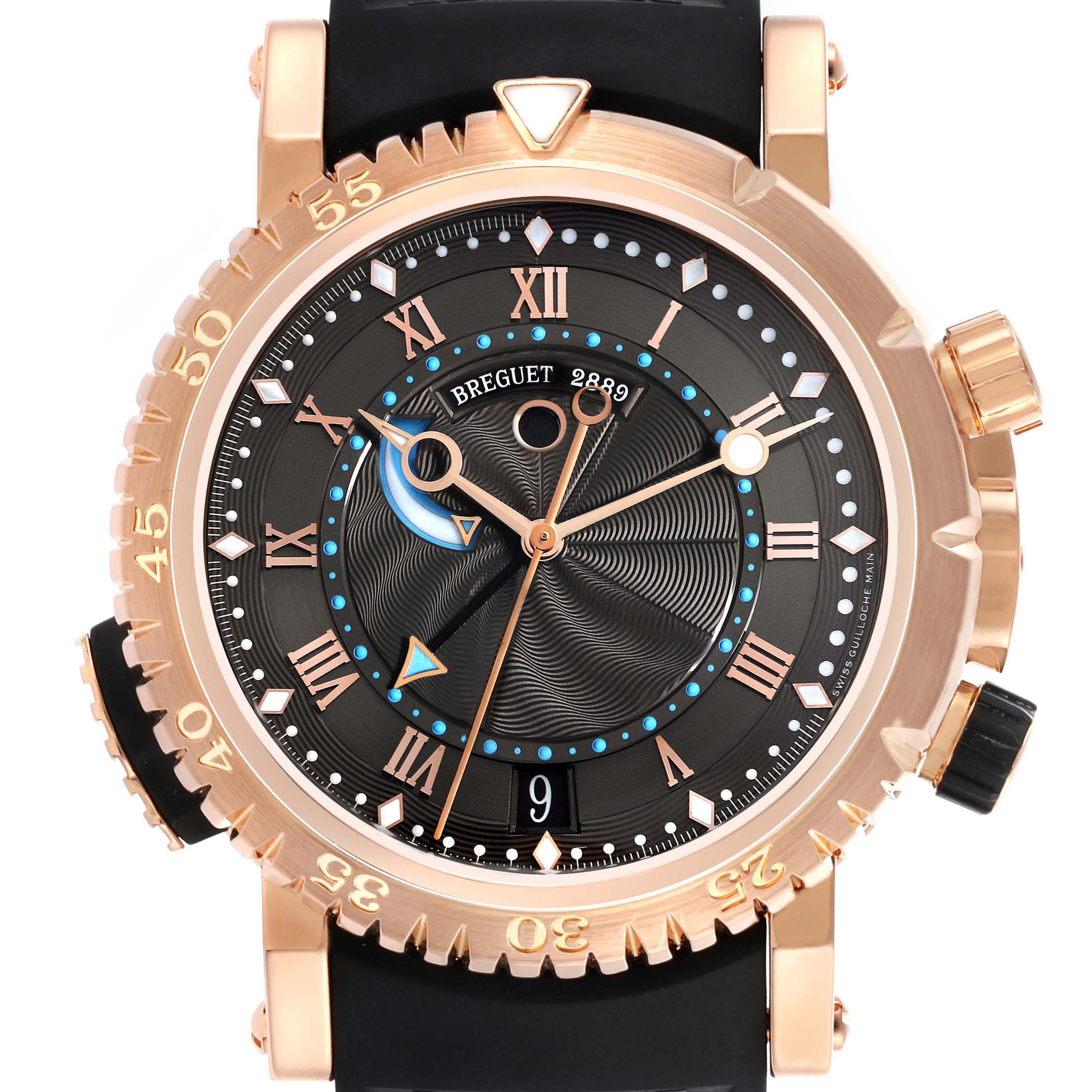 The Breguet Marine 5847BR/Z2/5ZV Men's Rose Gold Black Dial 5847BR/Z2/5ZV Men's Rose Gold Black Dial watch is shown from a frontal angle, displaying its dial, bezels, hands, and strap.