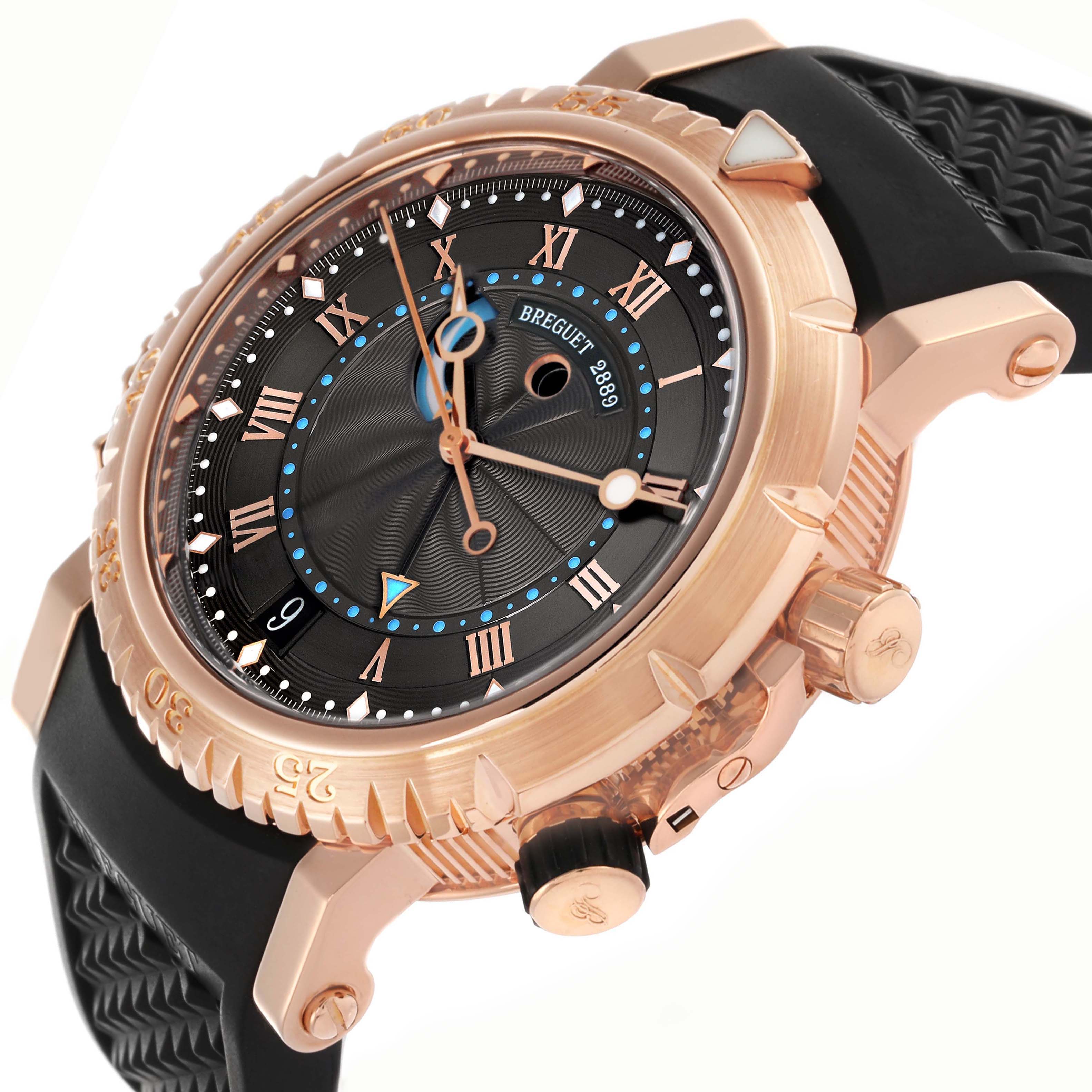 The Breguet Marine 5847BR/Z2/5ZV Men's Rose Gold Black Dial 5847BR/Z2/5ZV Men's Rose Gold Black Dial watch is shown from a side angle, highlighting the bezel, crown, and part of the strap.
