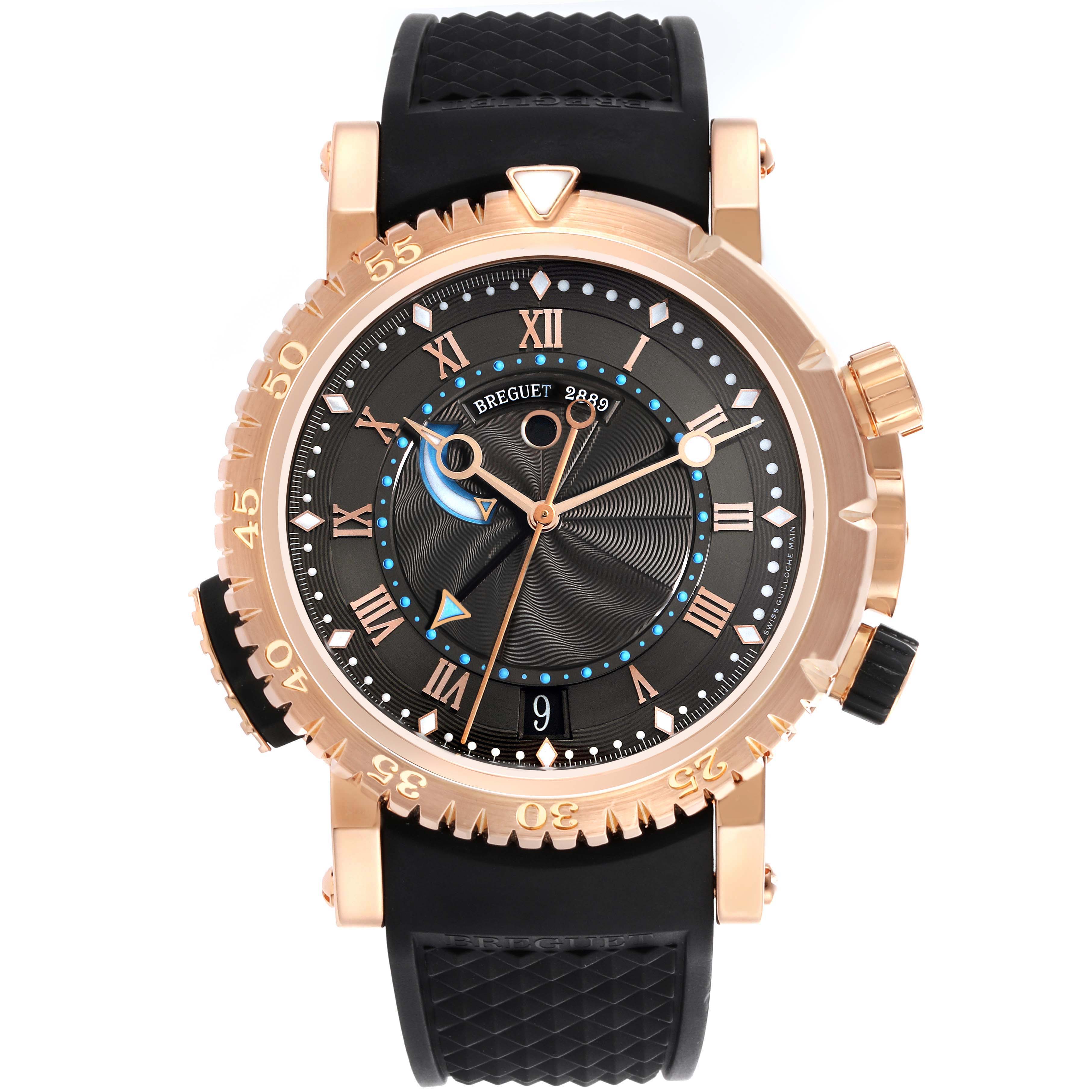 The Breguet Marine 5847BR/Z2/5ZV Men's Rose Gold Black Dial 5847BR/Z2/5ZV Men's Rose Gold Black Dial watch is shown from the front, featuring the face, bezel, and rubber strap.
