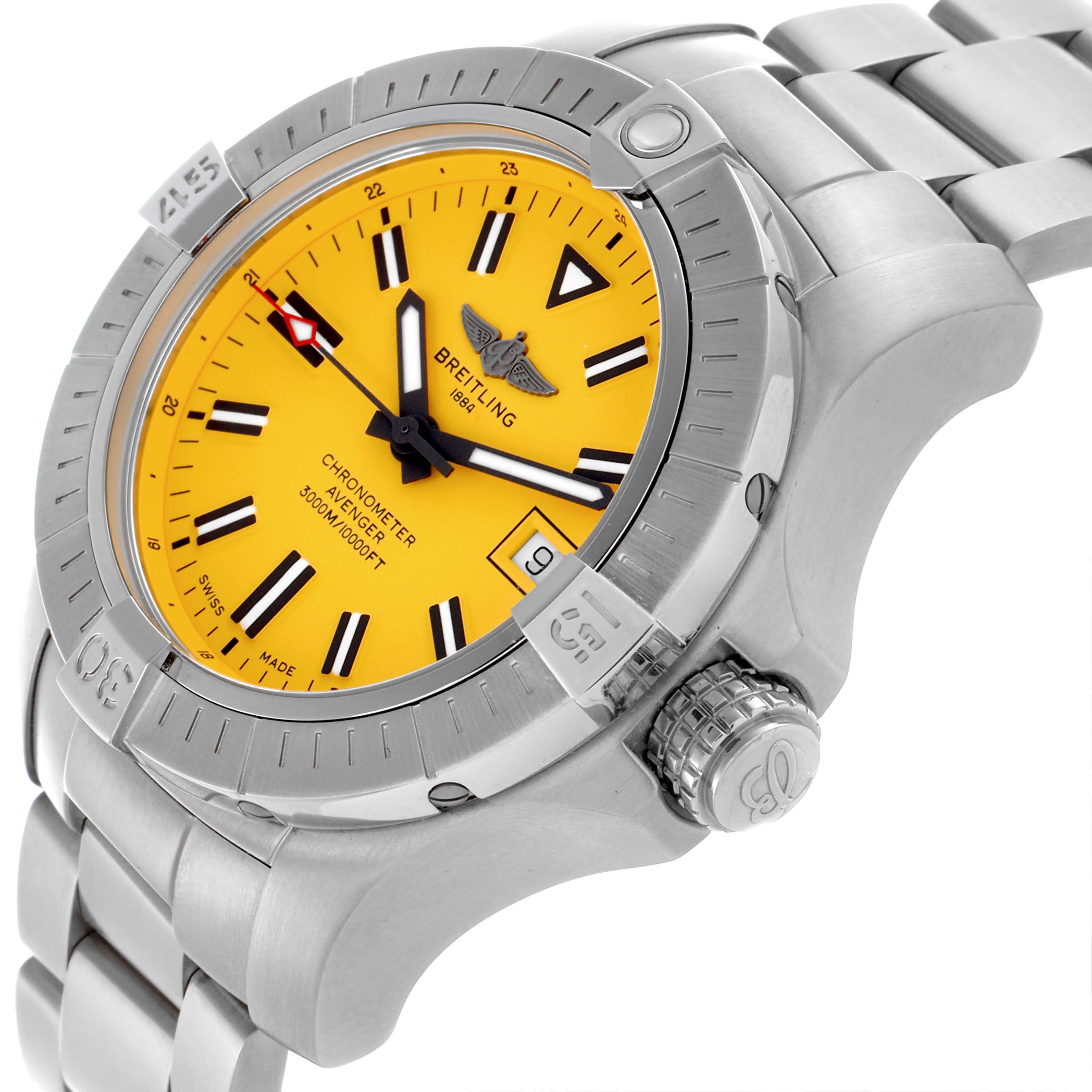 The image shows a close-up, angled view of the Breitling Avenger A17319 Men's Stainless Steel Yellow Dial A17319 Men's Stainless Steel Yellow Dial watch, displaying the yellow dial, bezel, and metal bracelet.