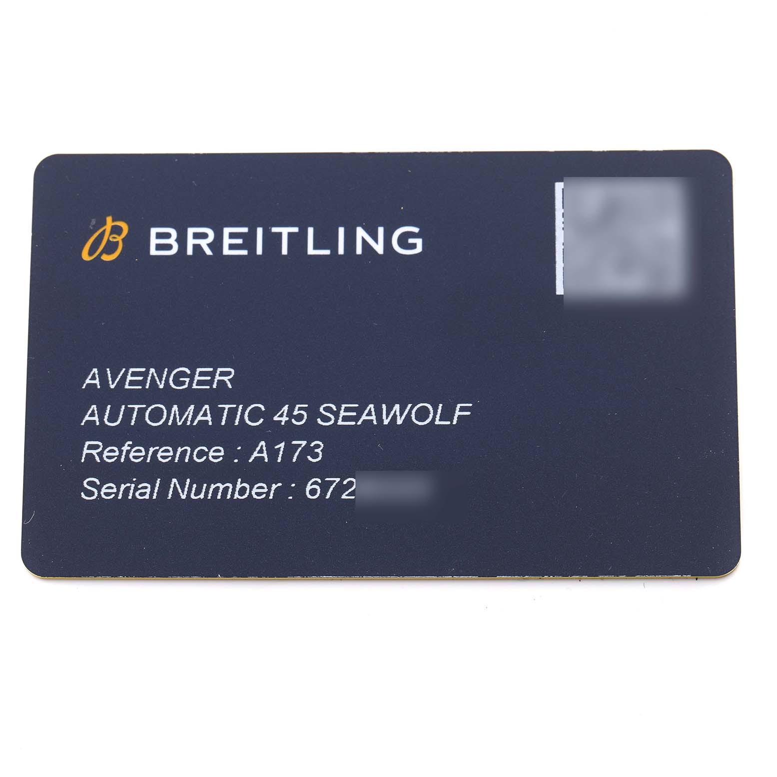 This image shows an identification card for the Breitling Avenger A17319 Men's Stainless Steel Yellow Dial A17319 Men's Stainless Steel Yellow Dial Automatic 45 Seawolf, displaying the reference and serial numbers.