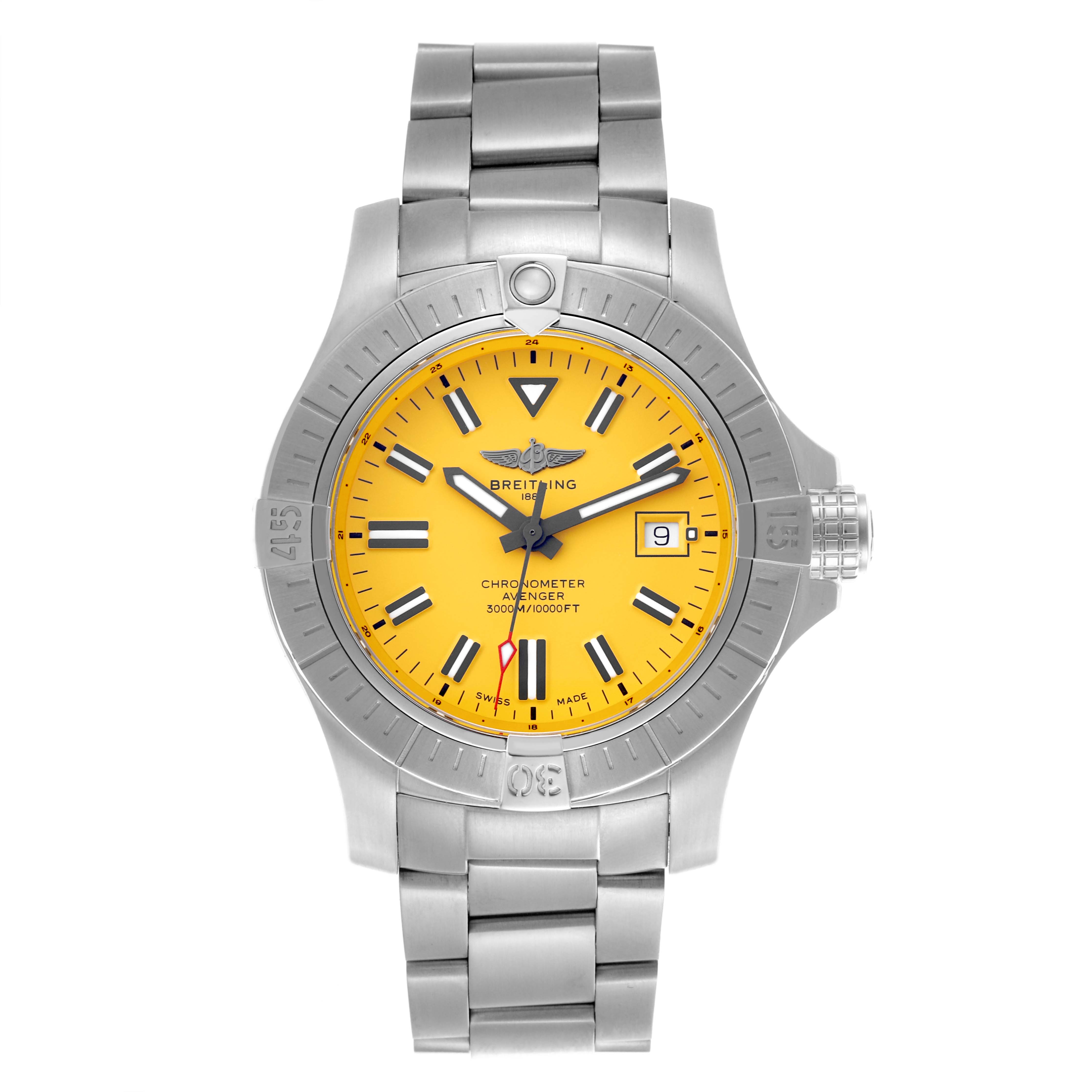 The Breitling Avenger A17319 Men's Stainless Steel Yellow Dial A17319 Men's Stainless Steel Yellow Dial watch is shown from a top-down angle, highlighting its yellow dial, bezel, and bracelet.