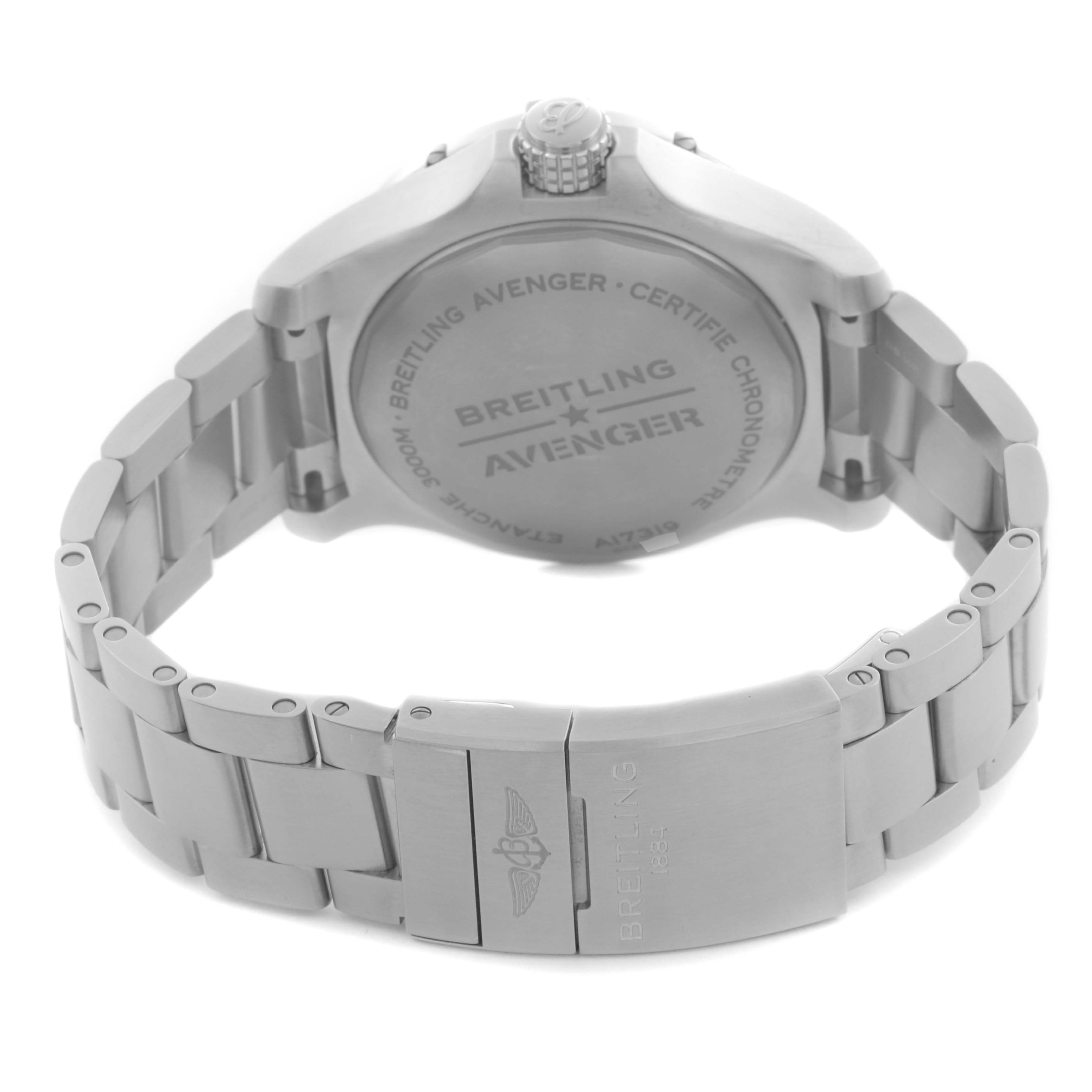 The image shows the back of a Breitling Avenger A17319 Men's Stainless Steel Yellow Dial A17319 Men's Stainless Steel Yellow Dial watch, detailing the case back and metal bracelet with clasp.