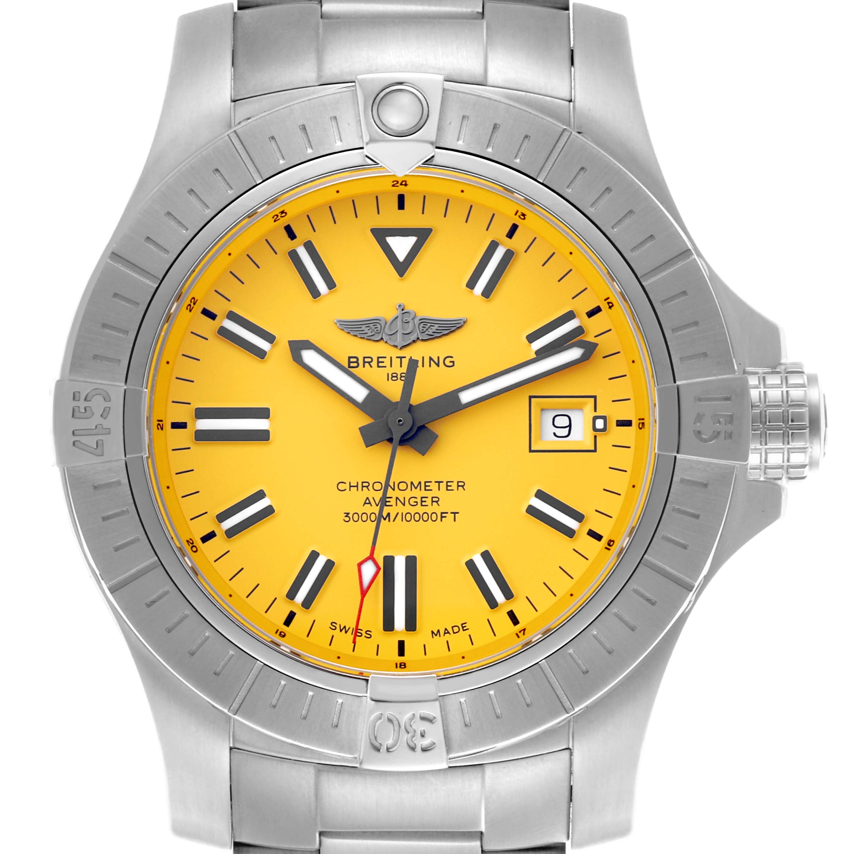 The Breitling Avenger A17319 Men's Stainless Steel Yellow Dial A17319 Men's Stainless Steel Yellow Dial watch is shown from a front angle, highlighting its yellow dial, markers, hands, date window, and bezel.