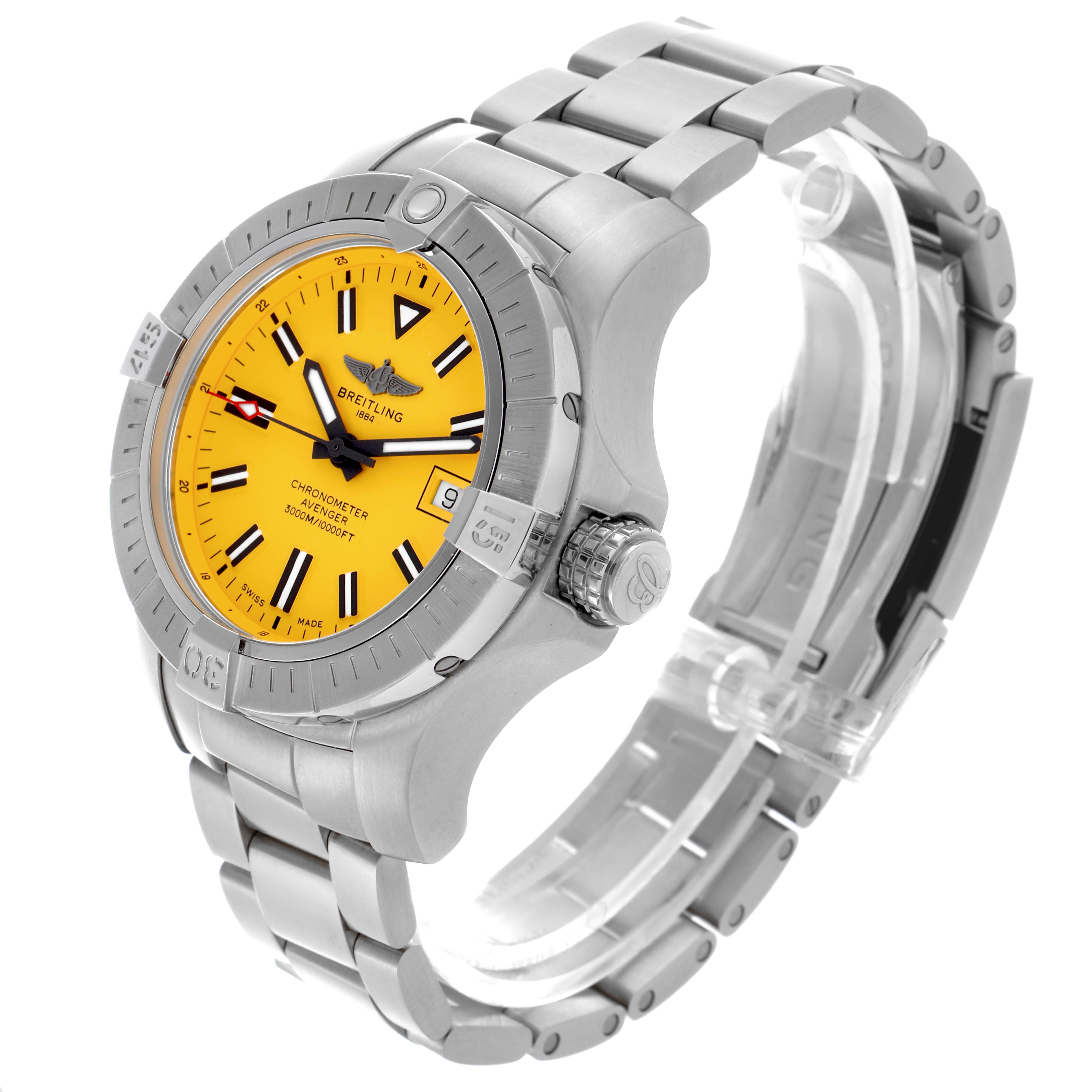 The Breitling Avenger A17319 Men's Stainless Steel Yellow Dial A17319 Men's Stainless Steel Yellow Dial watch is shown from a three-quarter angle, highlighting the case, yellow dial, bezel, crown, and bracelet.