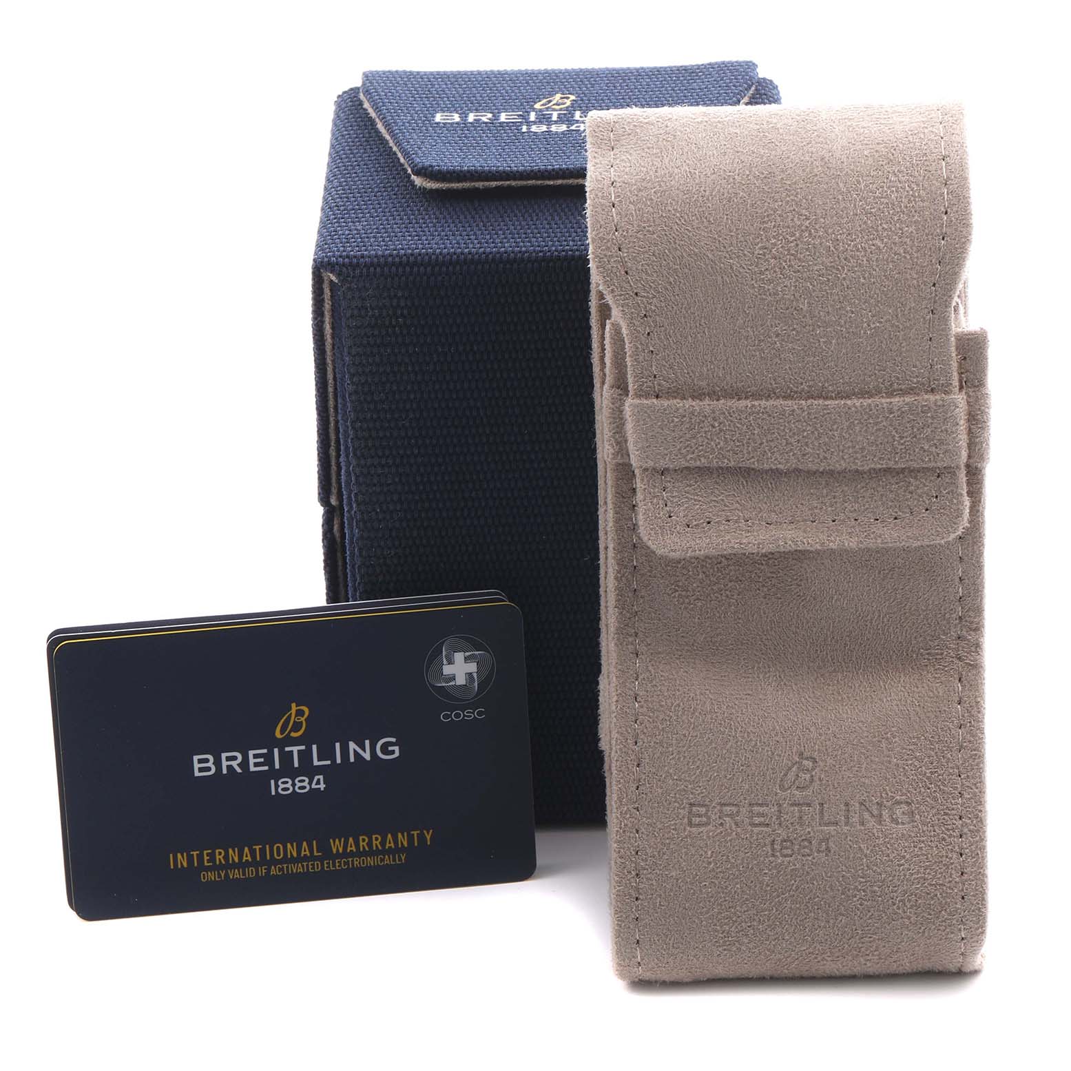 The image shows a Breitling Avenger A17319 Men's Stainless Steel Yellow Dial A17319 Men's Stainless Steel Yellow Dial watch packaging, including a box, a suede pouch, and an international warranty card.