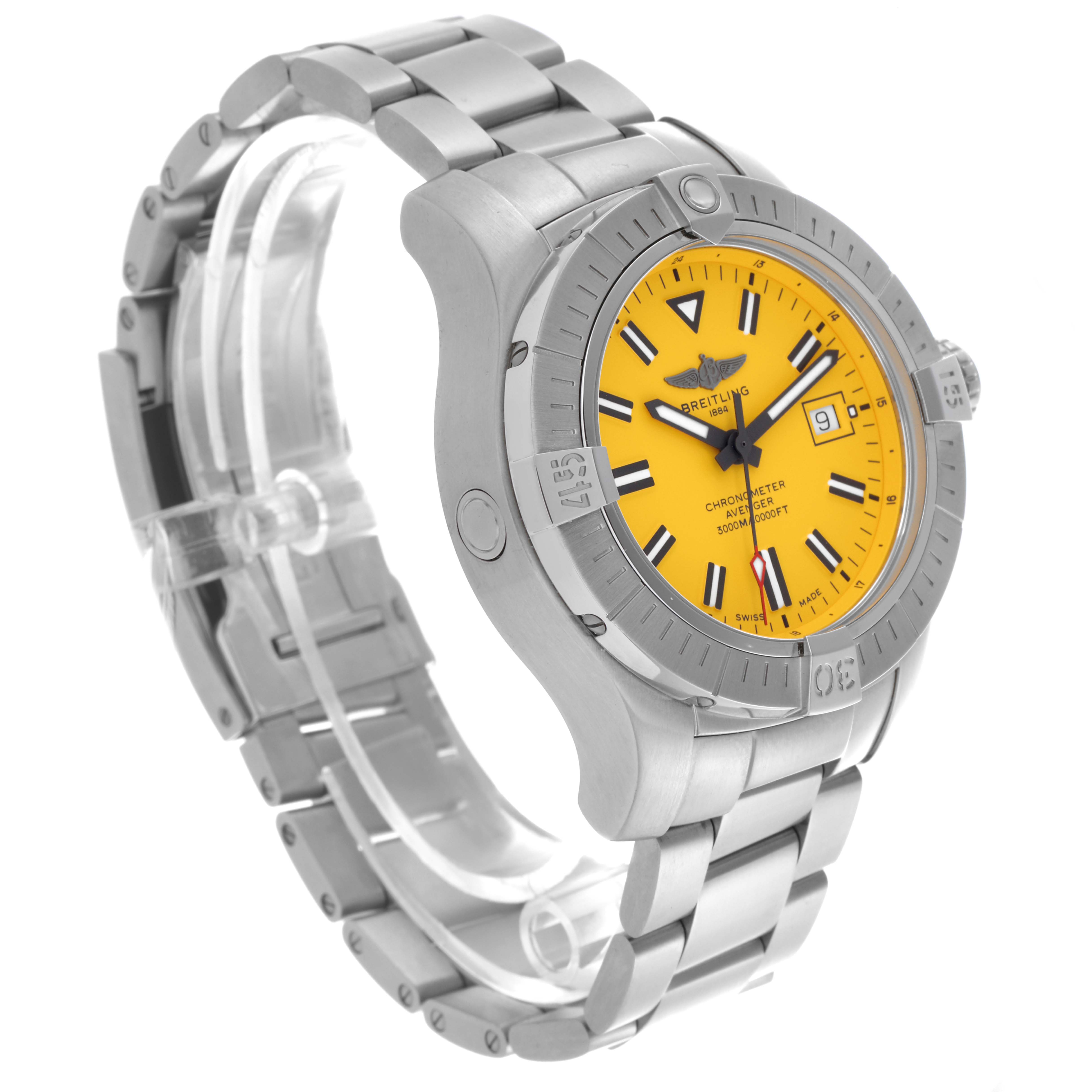 The Breitling Avenger A17319 Men's Stainless Steel Yellow Dial A17319 Men's Stainless Steel Yellow Dial watch is shown at a three-quarter angle, displaying its face, bezel, and metal bracelet.