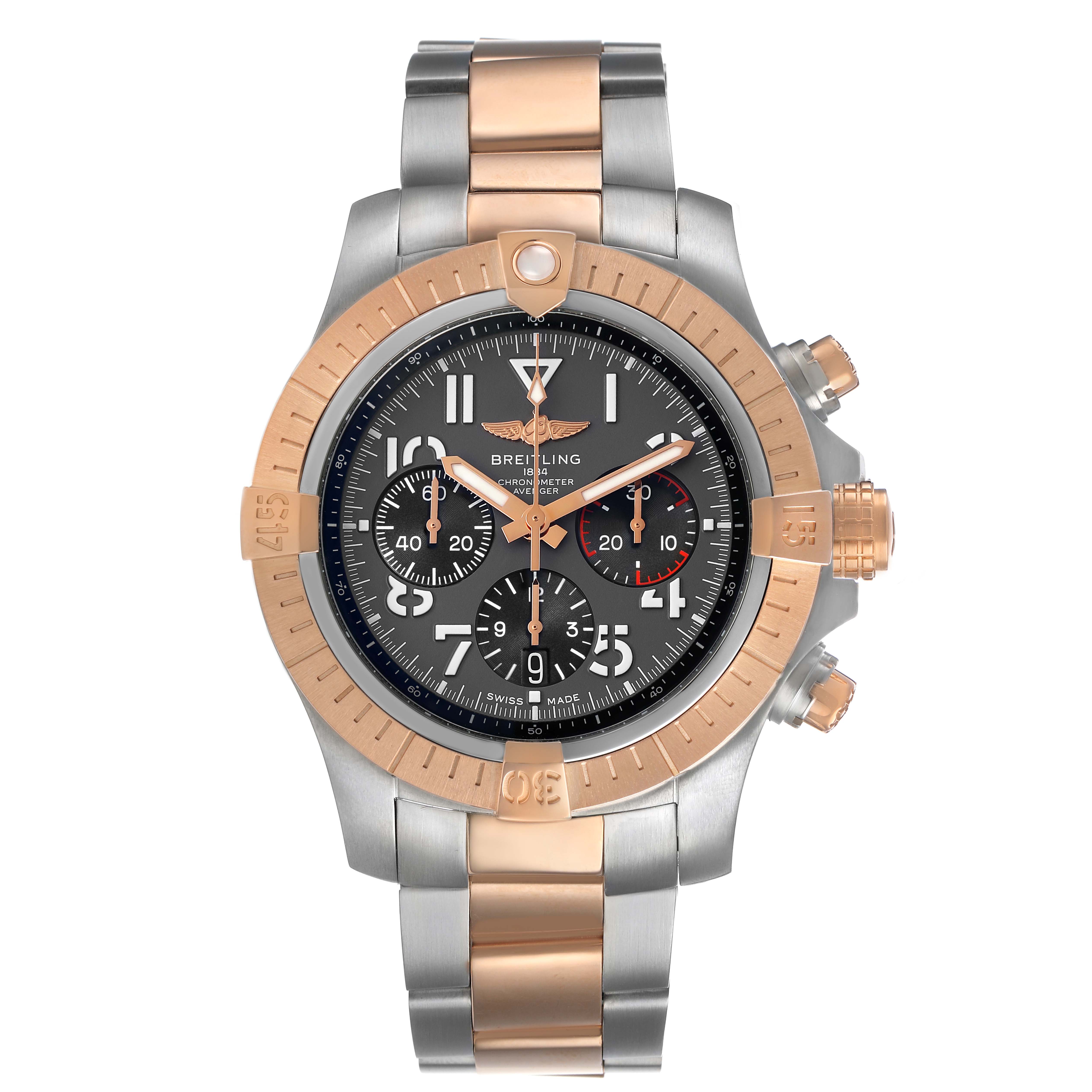 The Breitling Avenger UB01821A1B1U1 Men's Steel and Gold (two tone) Grey Dial watch is shown from a front angle, displaying the dial, bezel, and bracelet clearly.