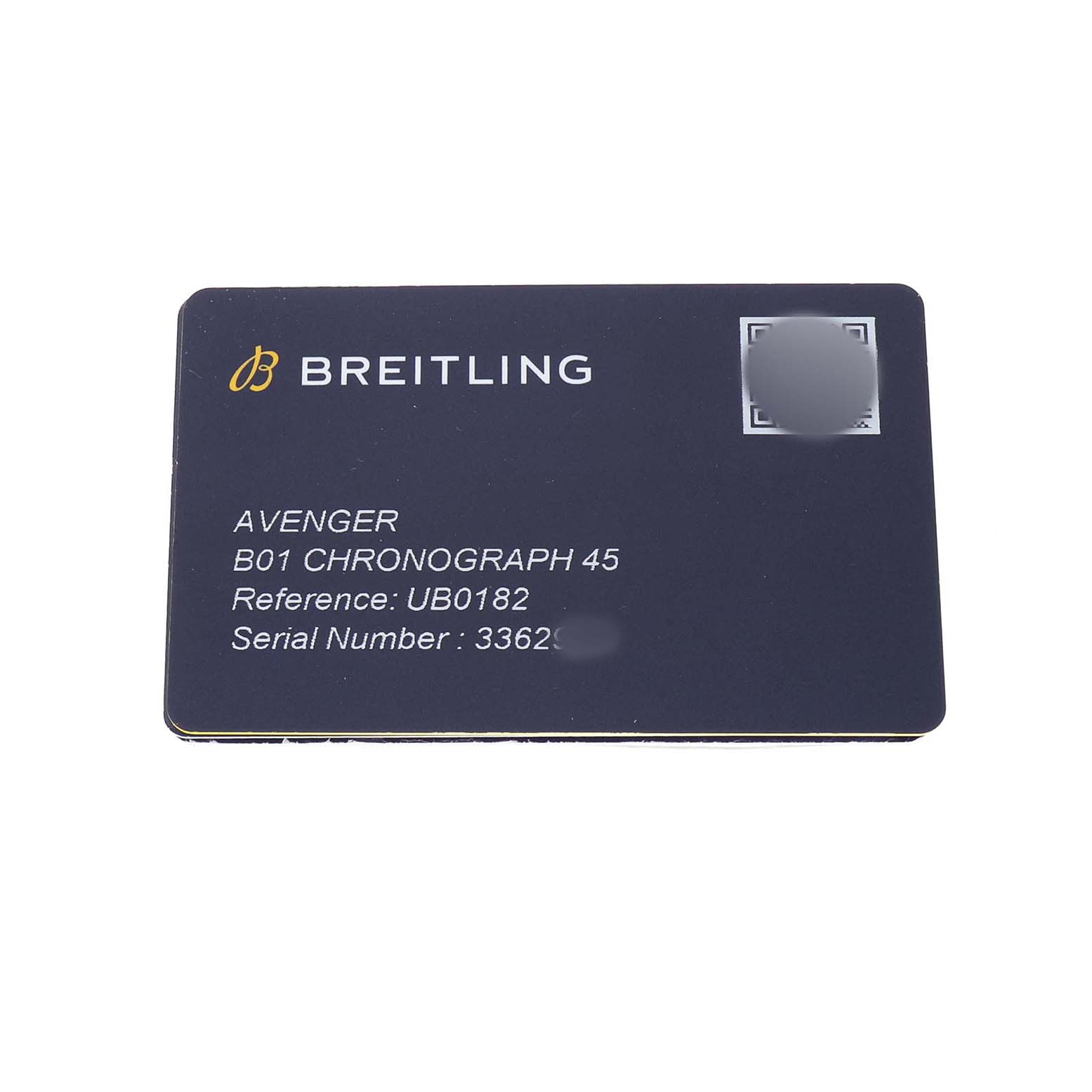 The image shows an identification card for the Breitling Avenger UB01821A1B1U1 Men's Steel and Gold (two tone) Grey Dial B01 Chronograph 45, detailing reference and serial numbers.