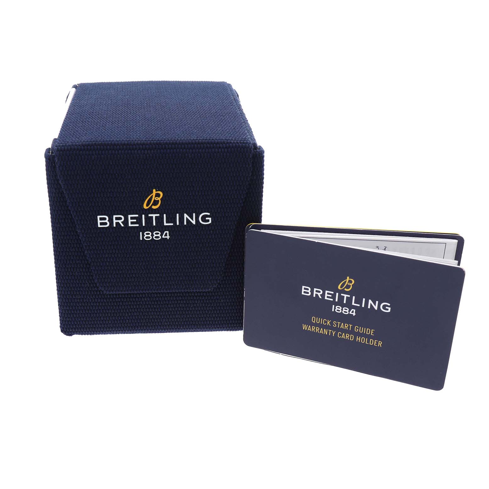 The image shows the Breitling Avenger UB01821A1B1U1 Men's Steel and Gold (two tone) Grey Dial's packaging box and warranty card holder from a front angle.