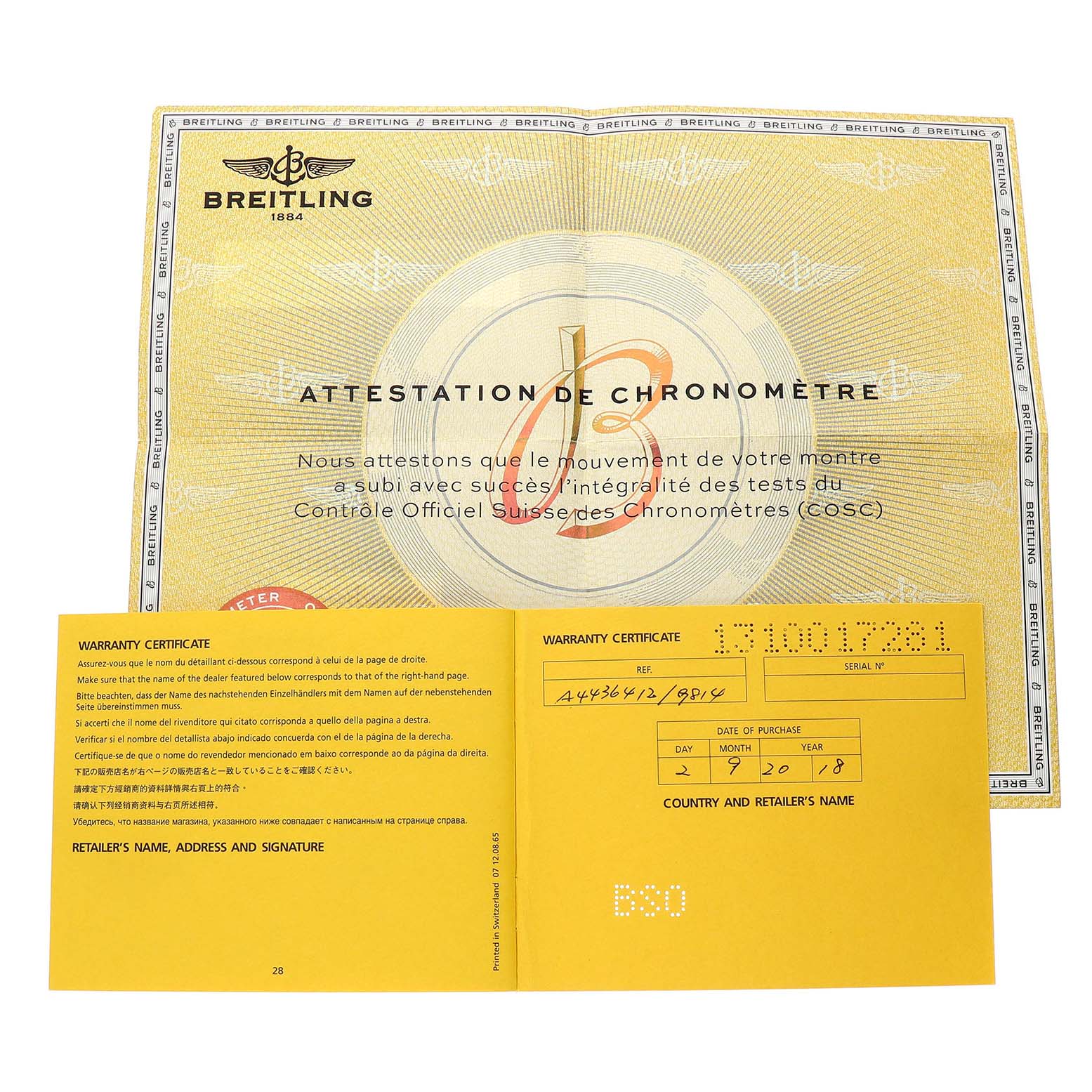 The image shows a warranty certificate and chronometer attestation for a Breitling Bentley A44364 Men's Stainless Steel Silver Dial watch.