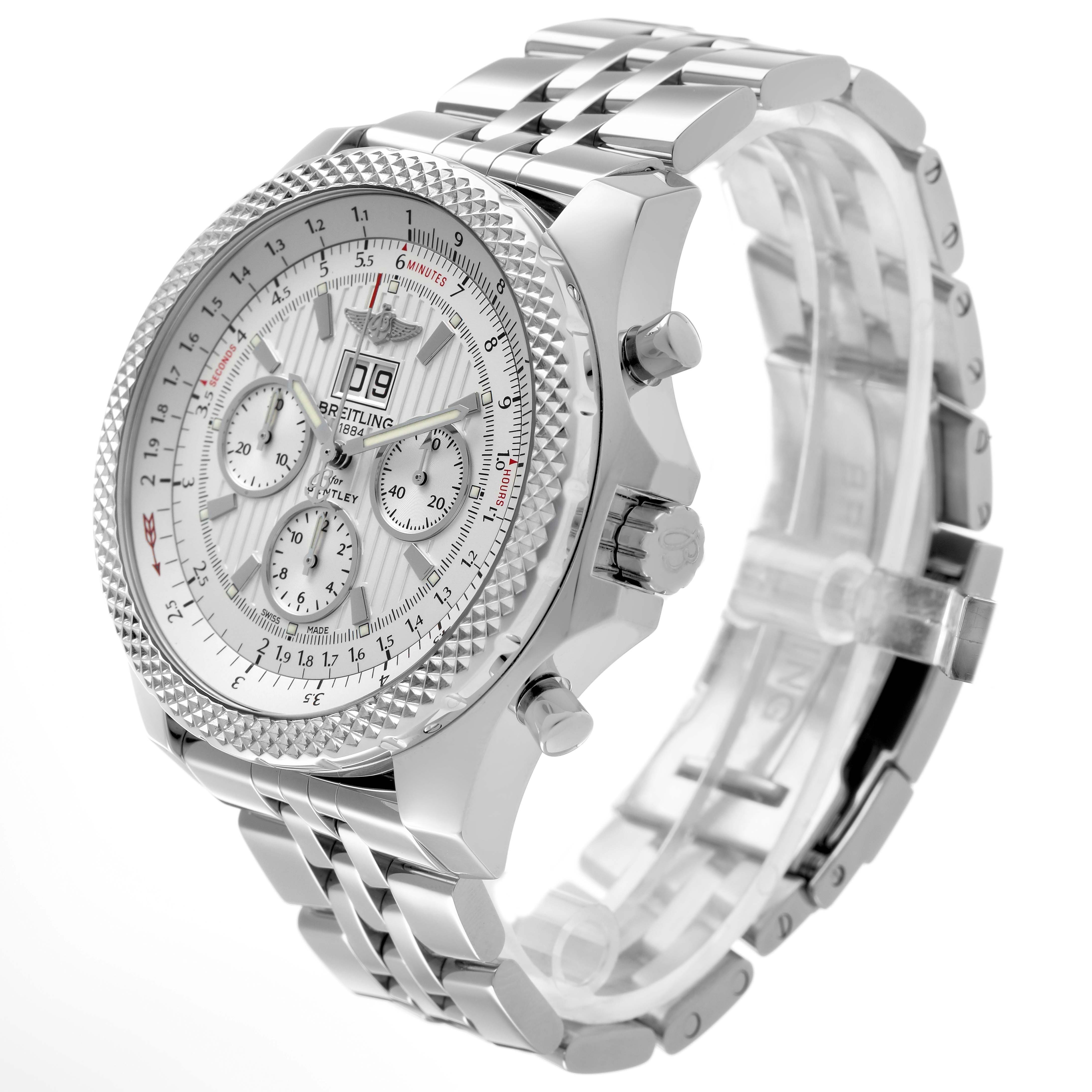 The Breitling Bentley A44364 Men's Stainless Steel Silver Dial watch is shown at a three-quarter angle, highlighting the dial, bezel, crown, and bracelet.