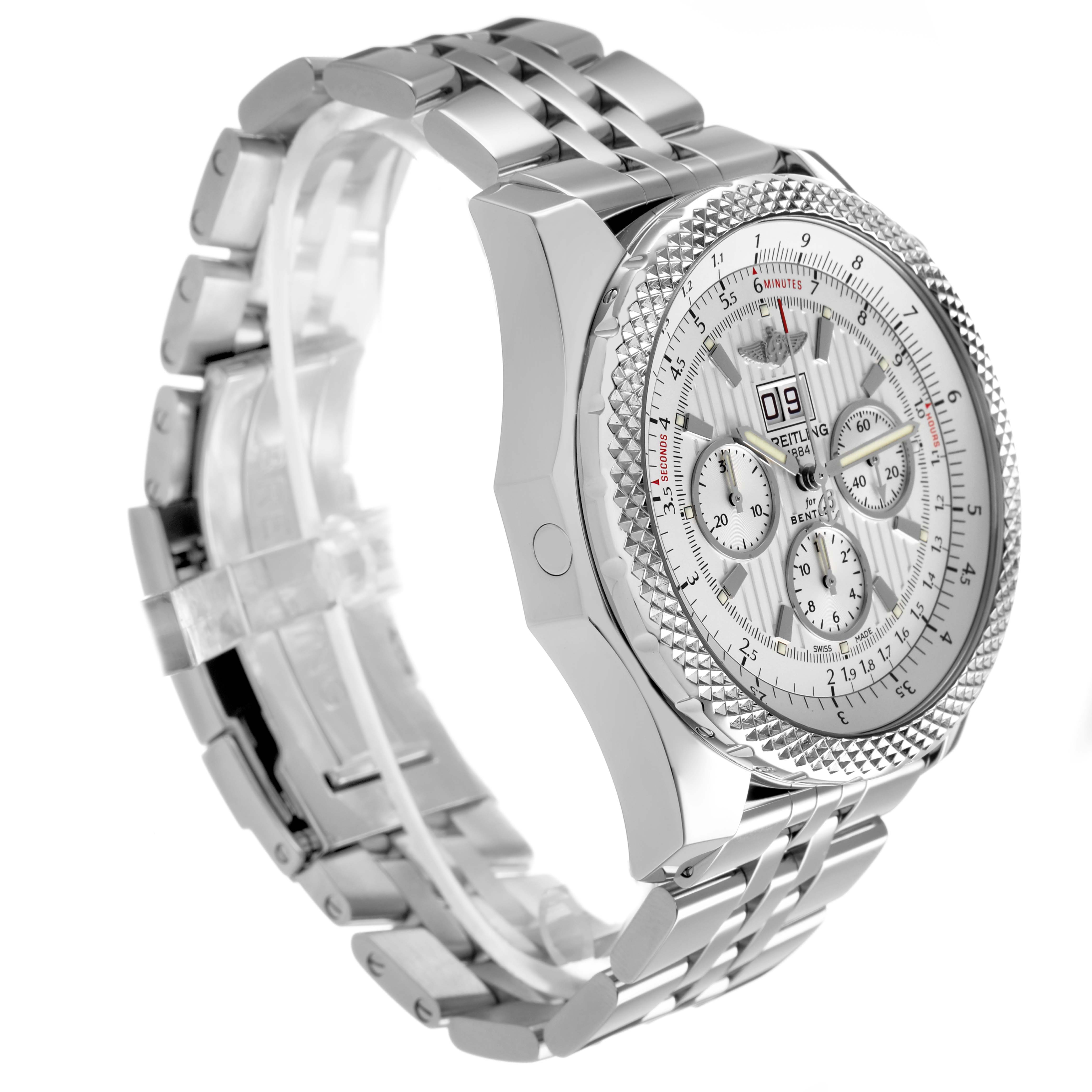 The Breitling Bentley A44364 Men's Stainless Steel Silver Dial watch is shown at a three-quarter angle highlighting the band, bezel, and dial.