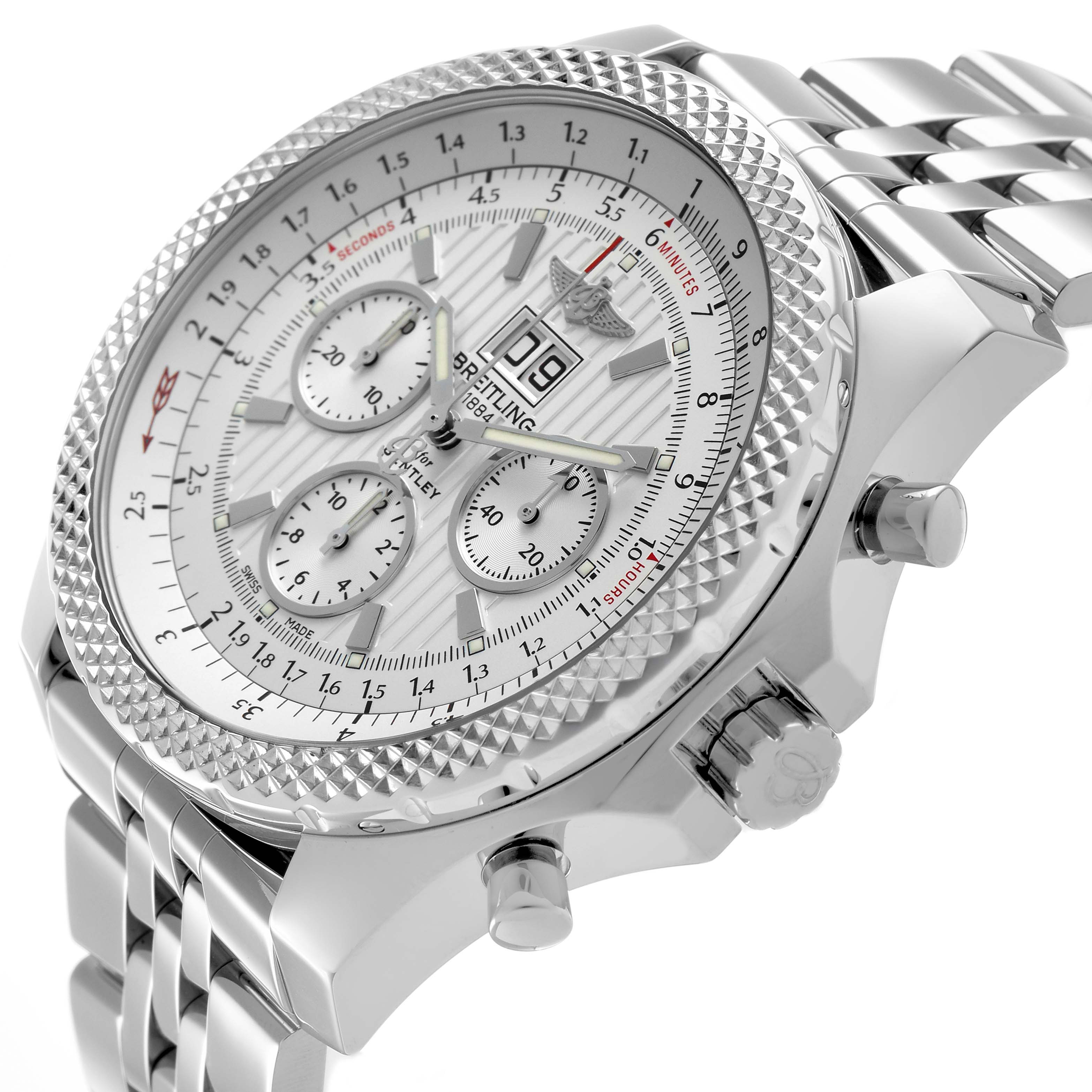 The image shows a Bentley model by Breitling at a side angle, highlighting the bezel, dial, crown, and bracelet.