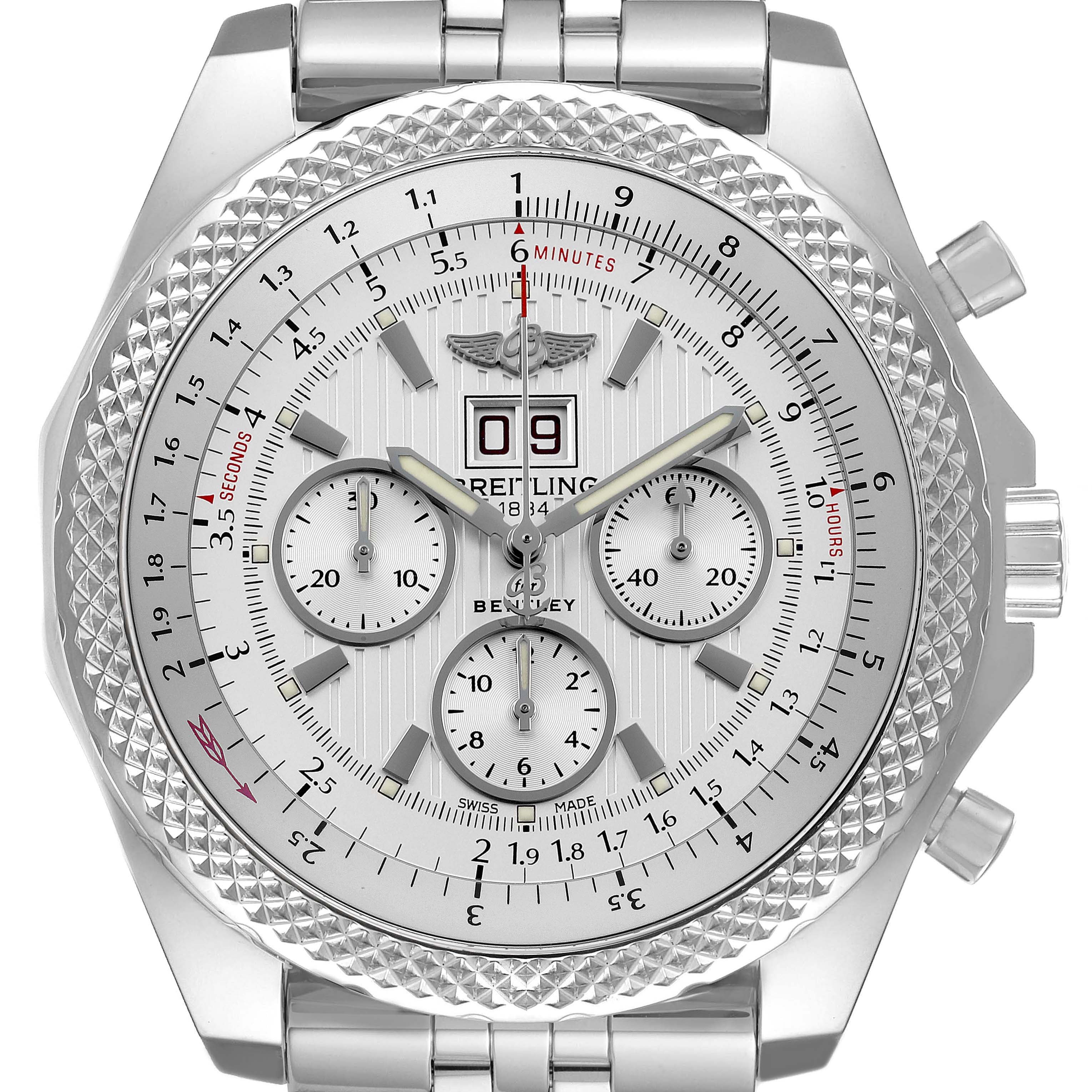 The image shows a Breitling Bentley A44364 Men's Stainless Steel Silver Dial watch from a front view, highlighting its face, bezel, and side pushers.