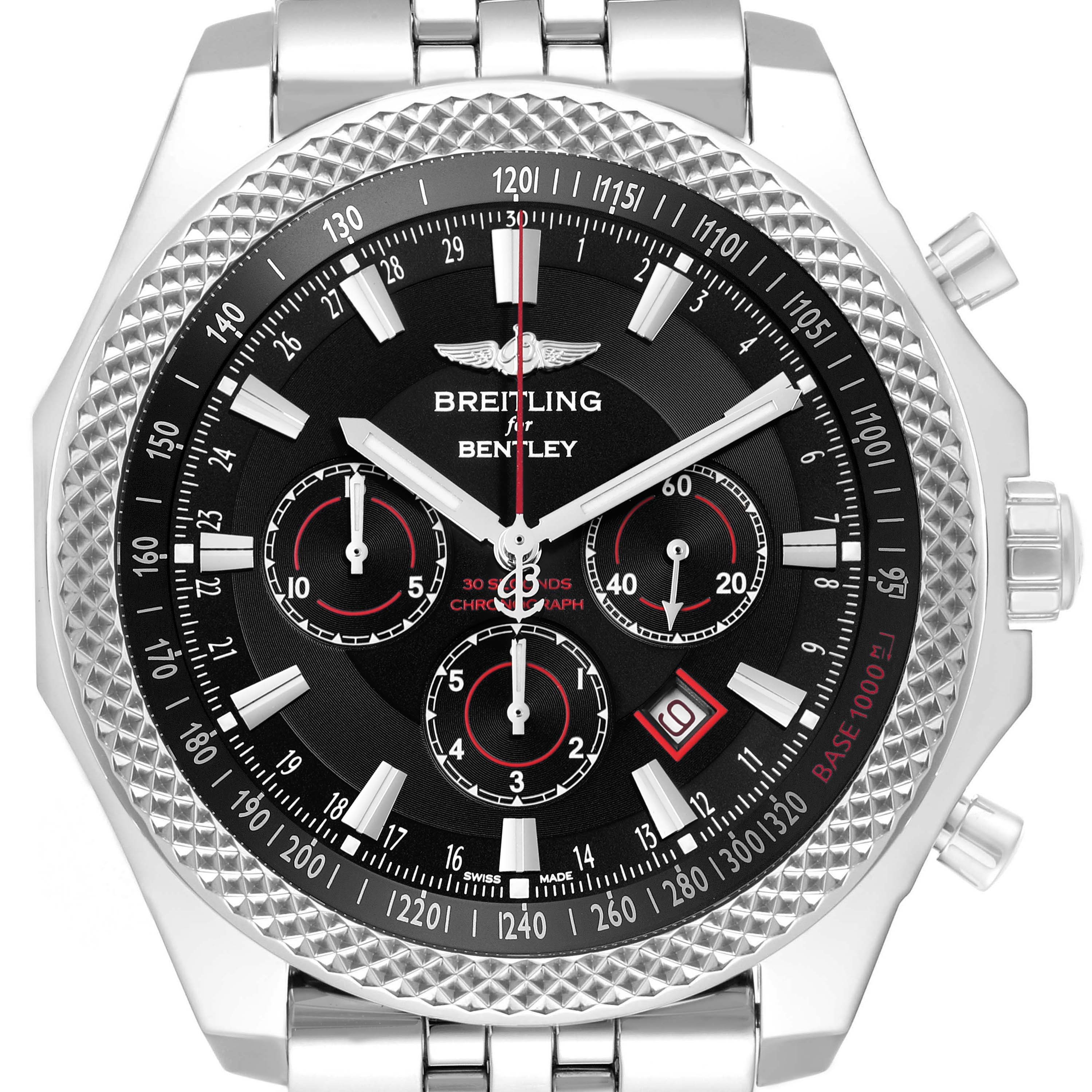 The Breitling Bentley A25368 Men's Stainless Steel Black Dial watch is shown from the front, highlighting its face, bezel, and side buttons.