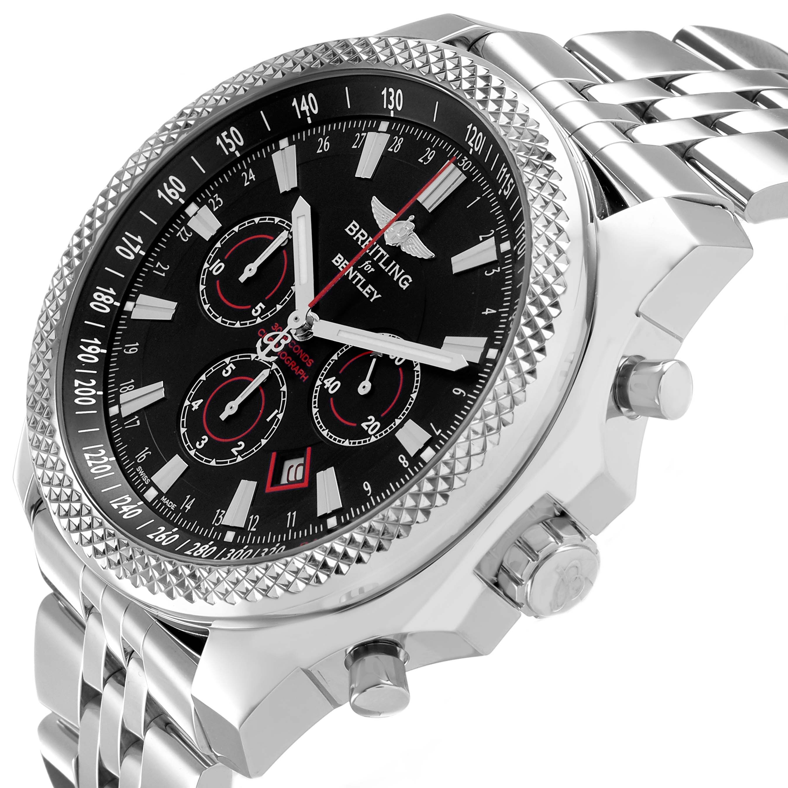 The Breitling Bentley A25368 Men's Stainless Steel Black Dial watch is shown at a slight angle, highlighting the face, bezel, crown, and pushers.