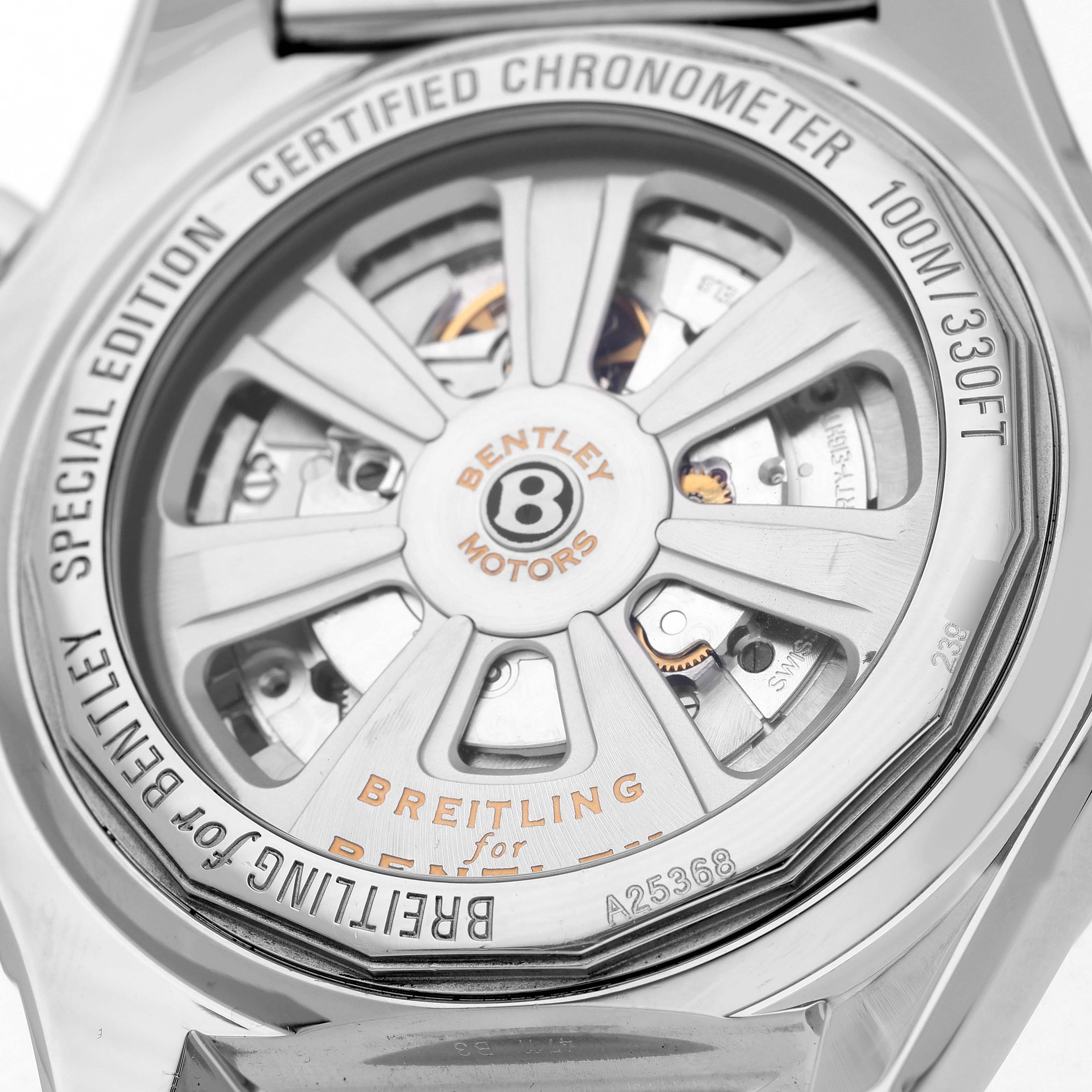 The image shows the back of a Breitling Bentley A25368 Men's Stainless Steel Black Dial model watch, highlighting the rotor and internal mechanisms.