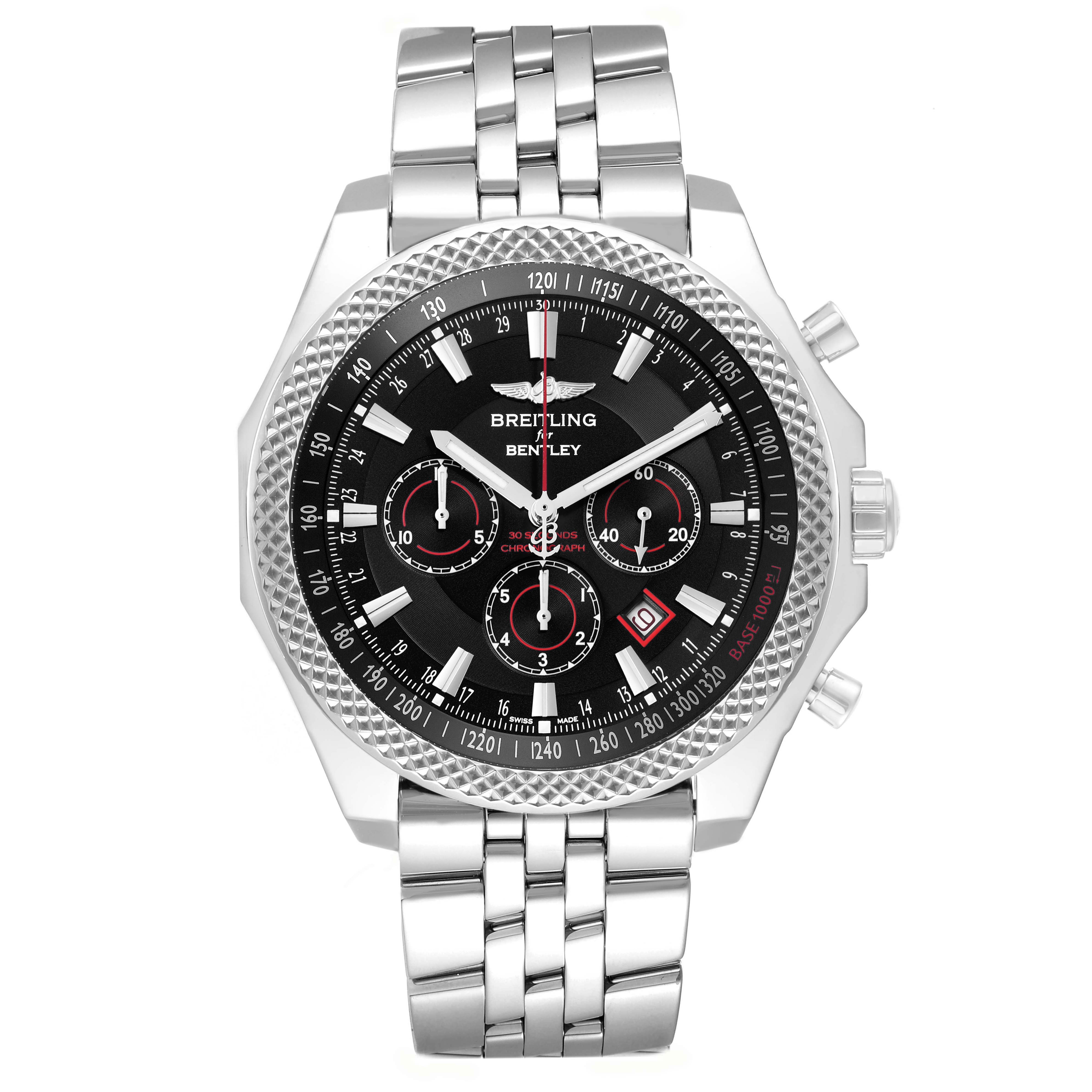 The Breitling Bentley A25368 Men's Stainless Steel Black Dial watch is shown from the front, highlighting the dial, bezel, and stainless steel bracelet.
