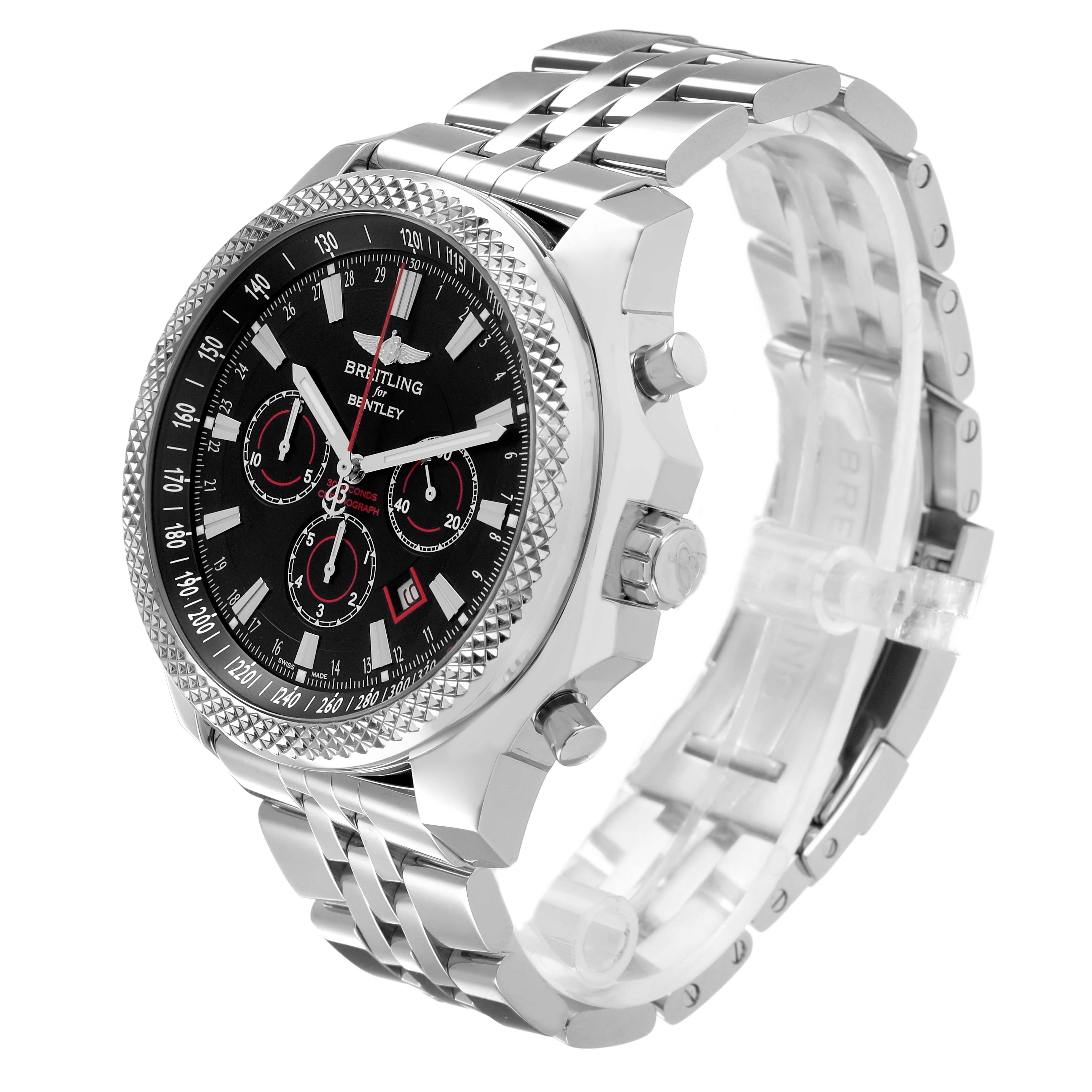 The Bentley by Breitling watch is shown from an angled side view, highlighting the dial, bezel, and metal bracelet.