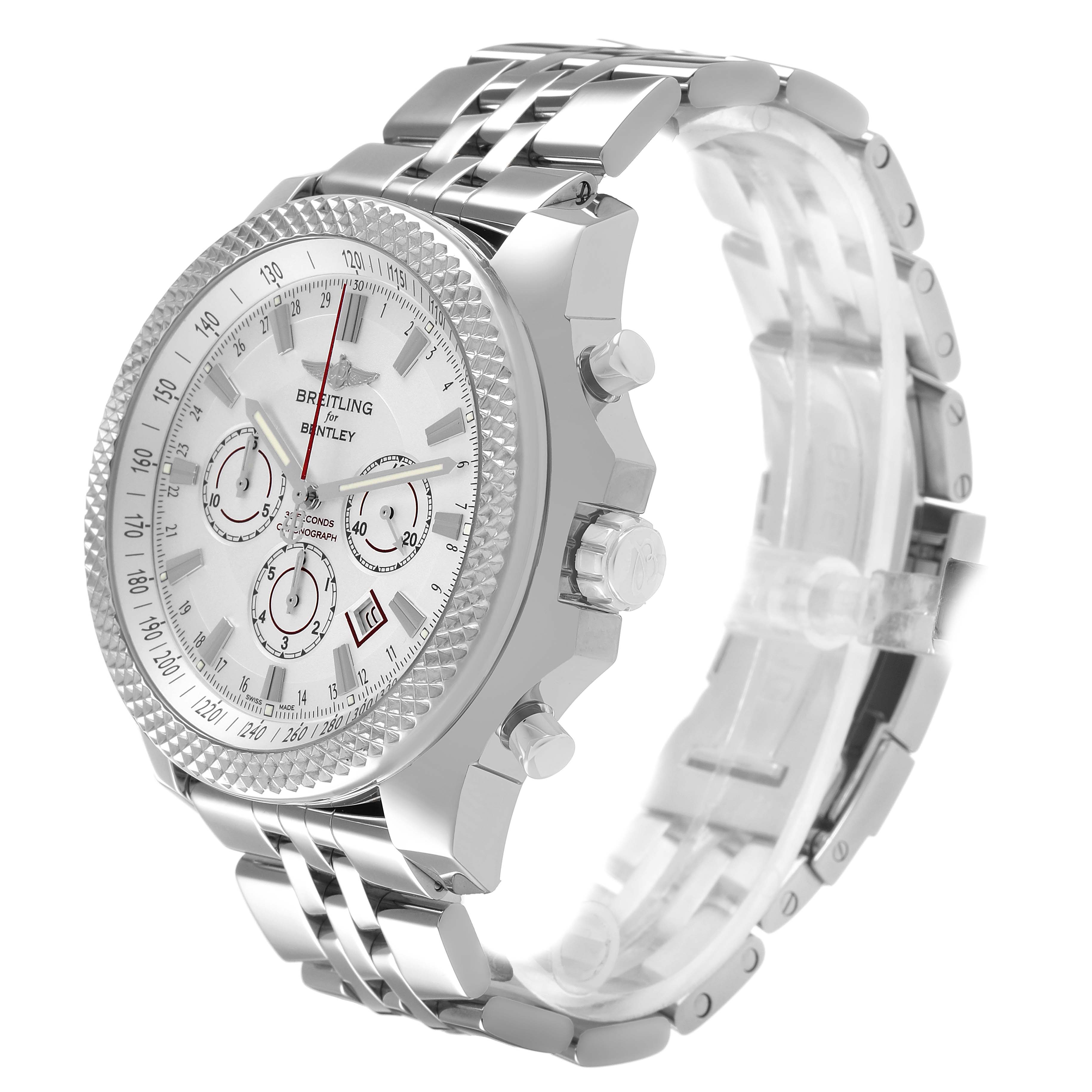 The Breitling Bentley A25368 Men's Stainless Steel Silver Dial watch is shown at an angle highlighting the face, bezel, crown, pushers, and metal bracelet.