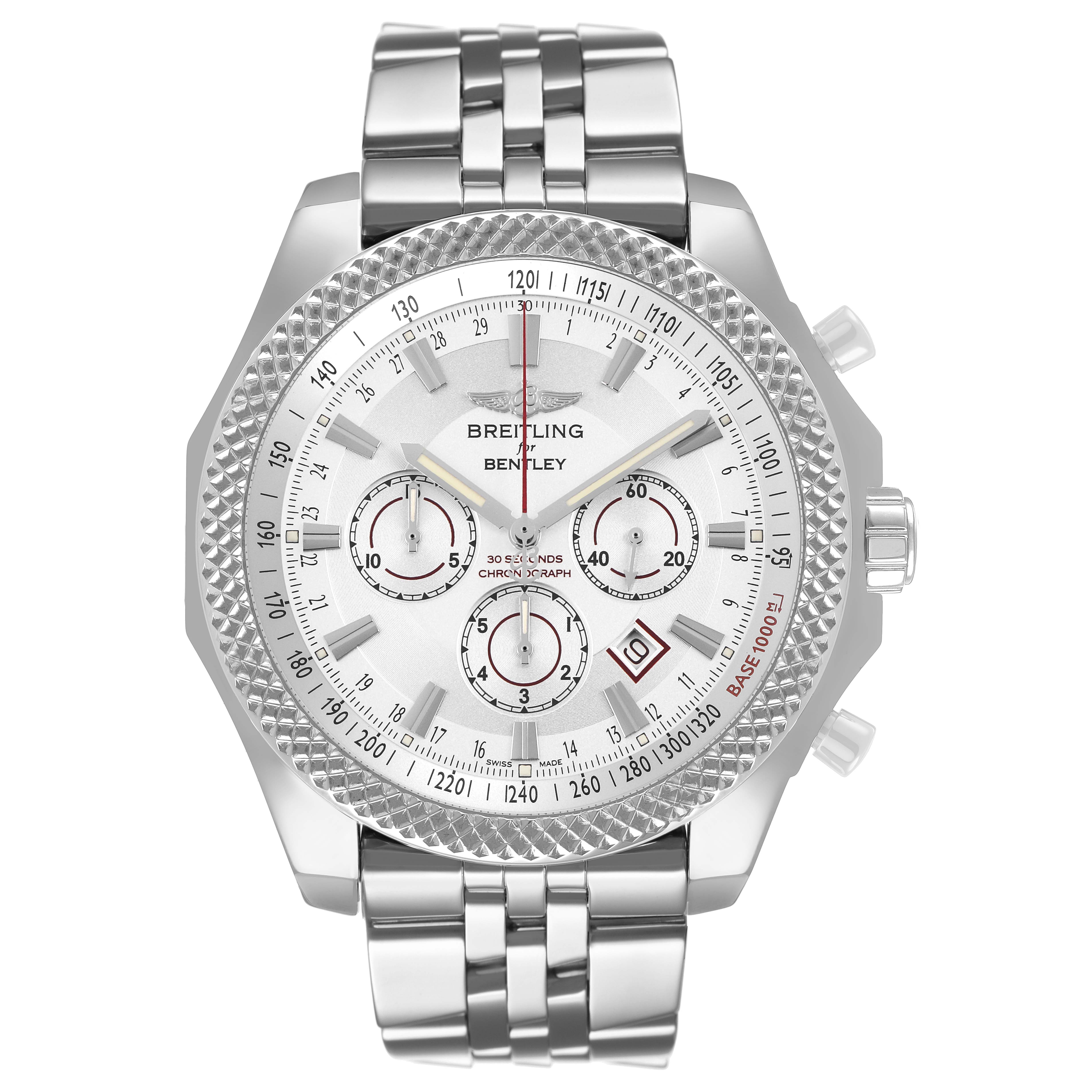 The Breitling Bentley A25368 Men's Stainless Steel Silver Dial watch is shown from a front angle, displaying its face, bezel, and stainless steel bracelet.