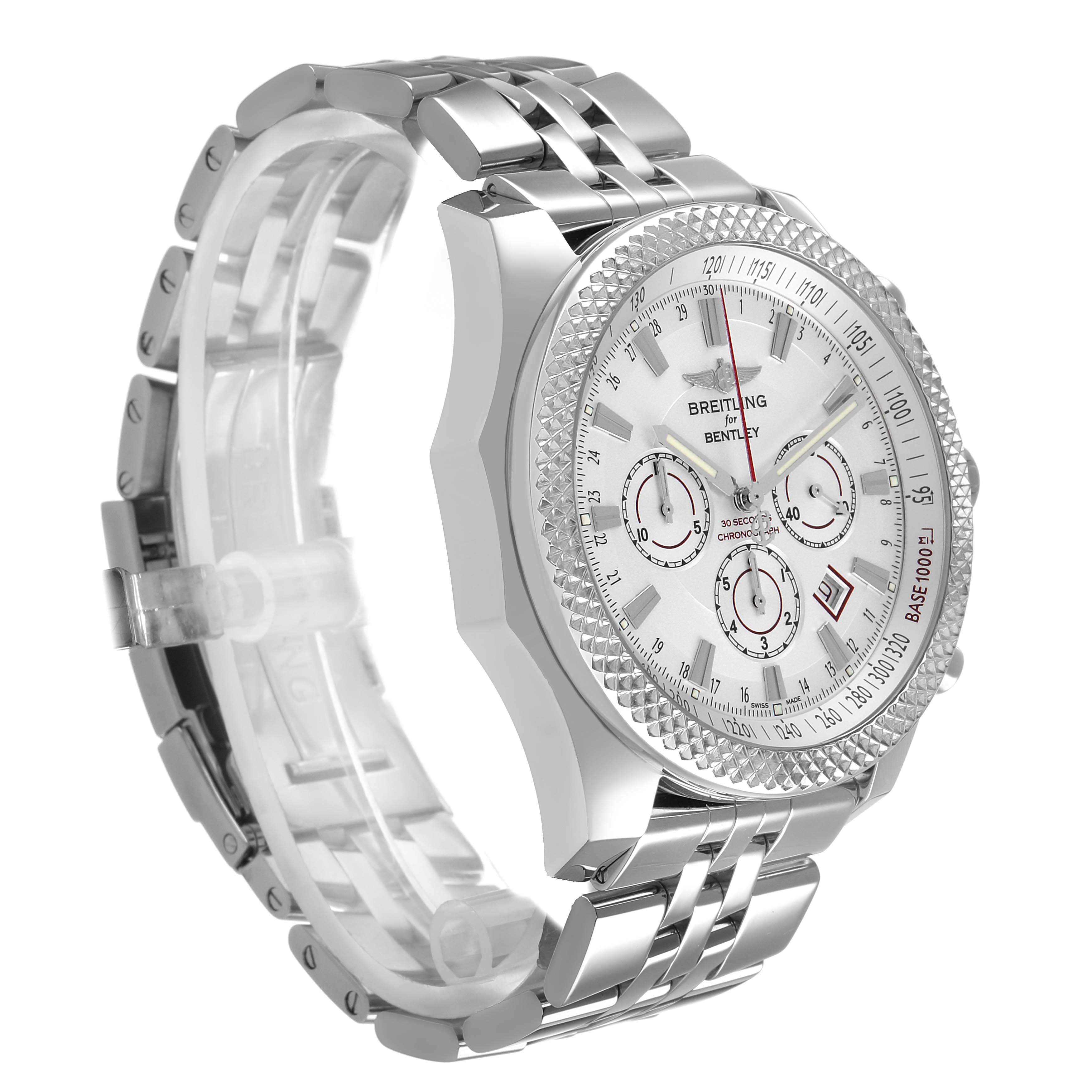 The Breitling Bentley A25368 Men's Stainless Steel Silver Dial watch is shown at a three-quarter angle, displaying the dial, bezel, and metal bracelet.