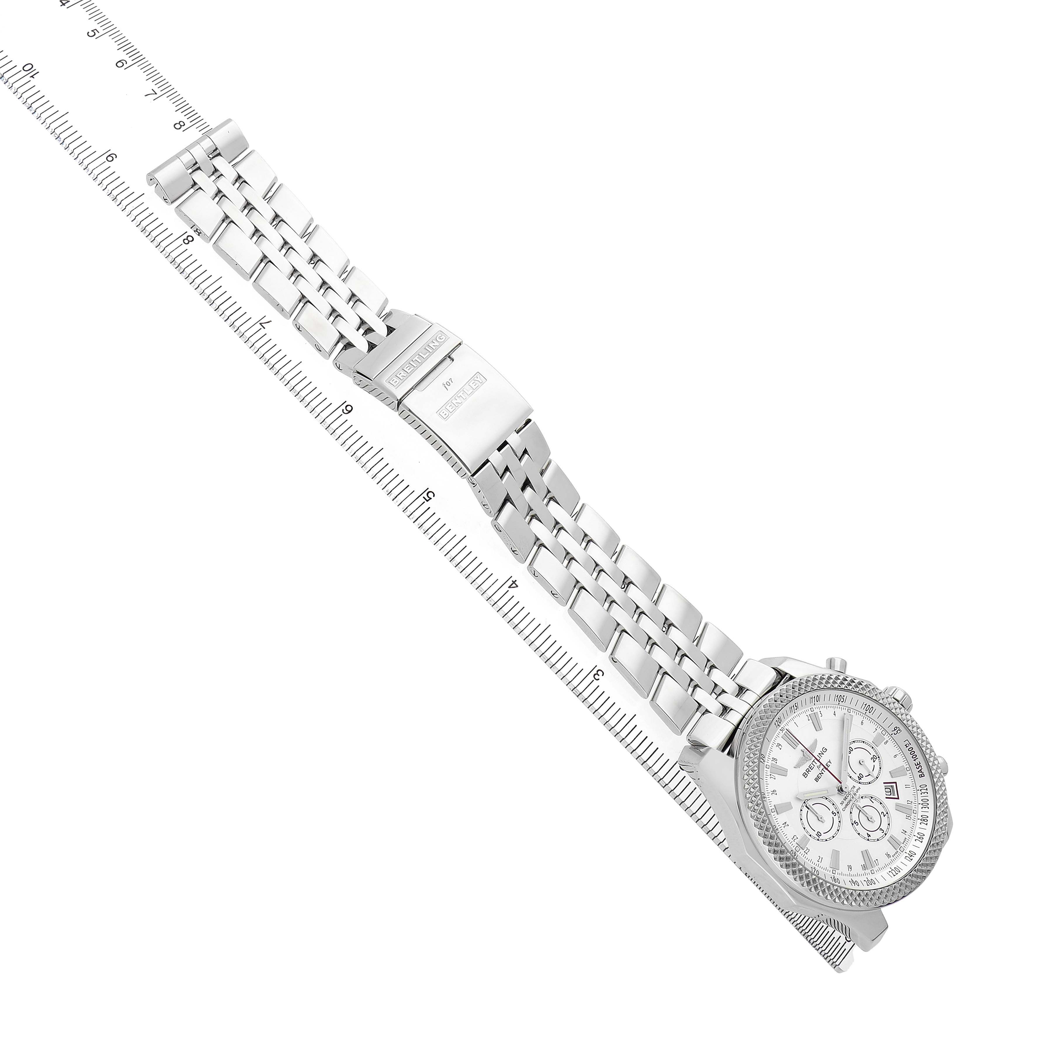 The Breitling Bentley A25368 Men's Stainless Steel Silver Dial watch is shown from a top angle, displaying the face, bezel, and full bracelet with a branded clasp.