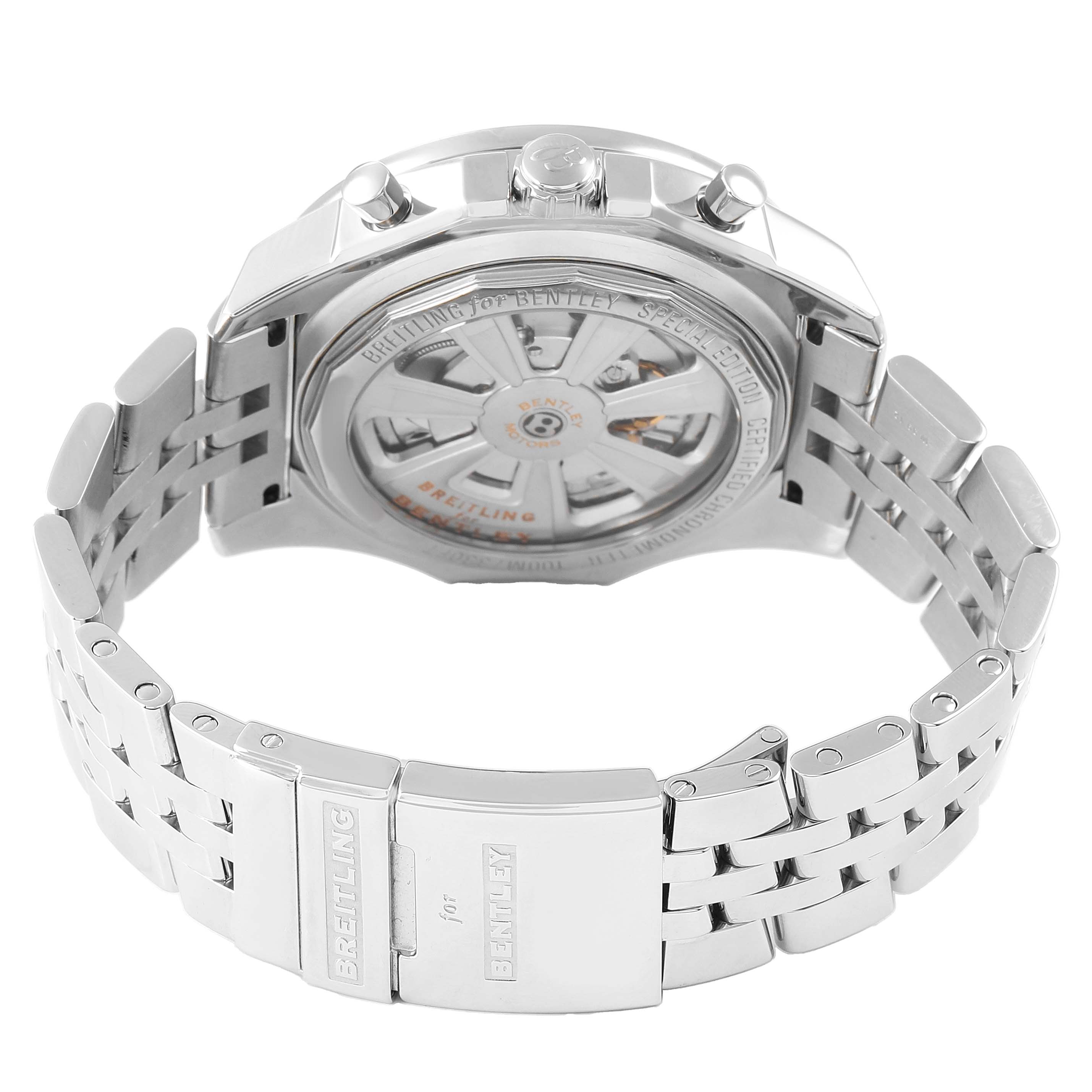 The image shows the back of the Breitling Bentley A25368 Men's Stainless Steel Silver Dial watch, highlighting the movement and clasp with "Breitling for Bentley" text.