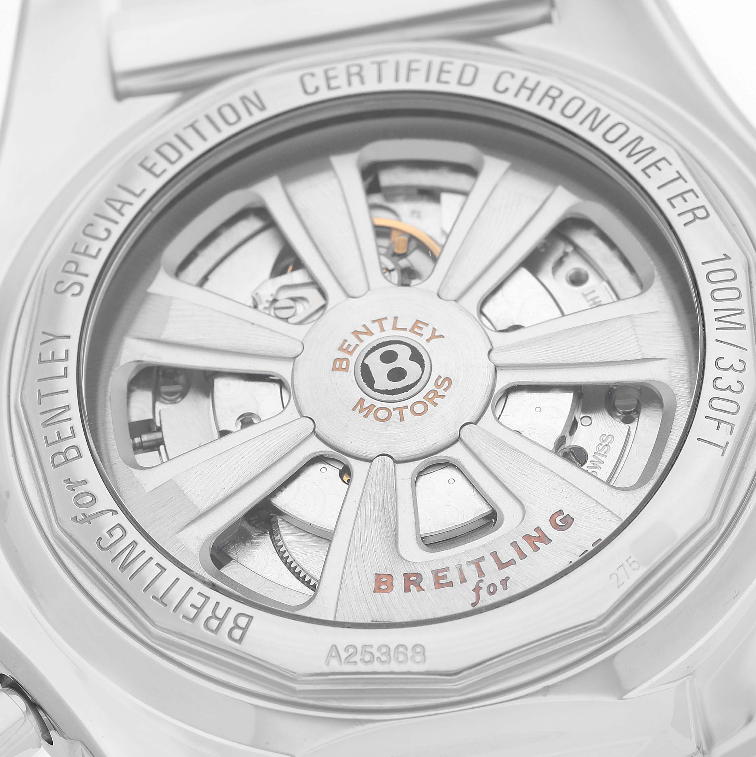 The image shows the back of the Bentley model by Breitling, highlighting the rotor and movement details.