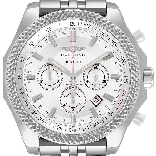 The Breitling for Bentley watch is shown from the front, highlighting the dial, bezel, and part of the bracelet.