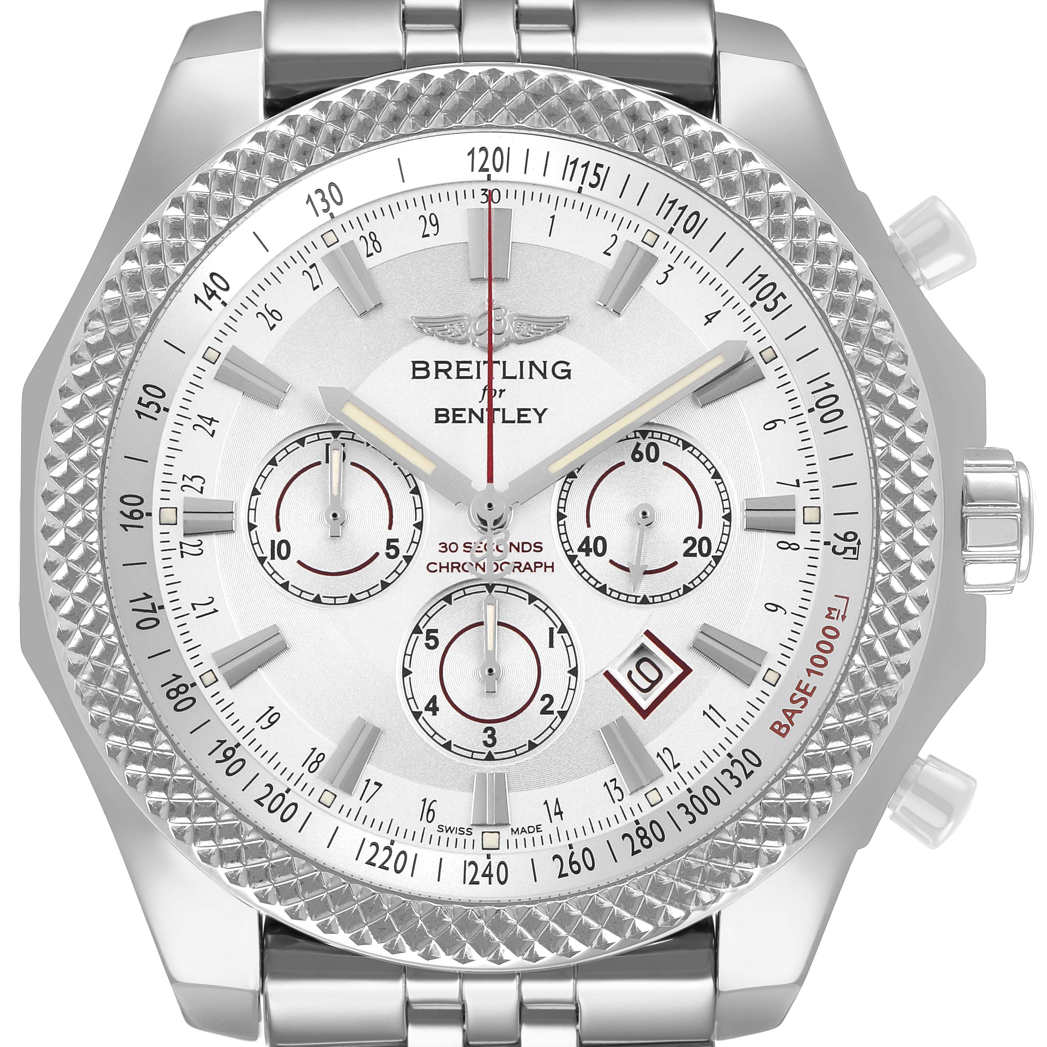 The Breitling Bentley A25368 Men's Stainless Steel Silver Dial watch is shown from the front, displaying its face, bezel, and part of the bracelet.
