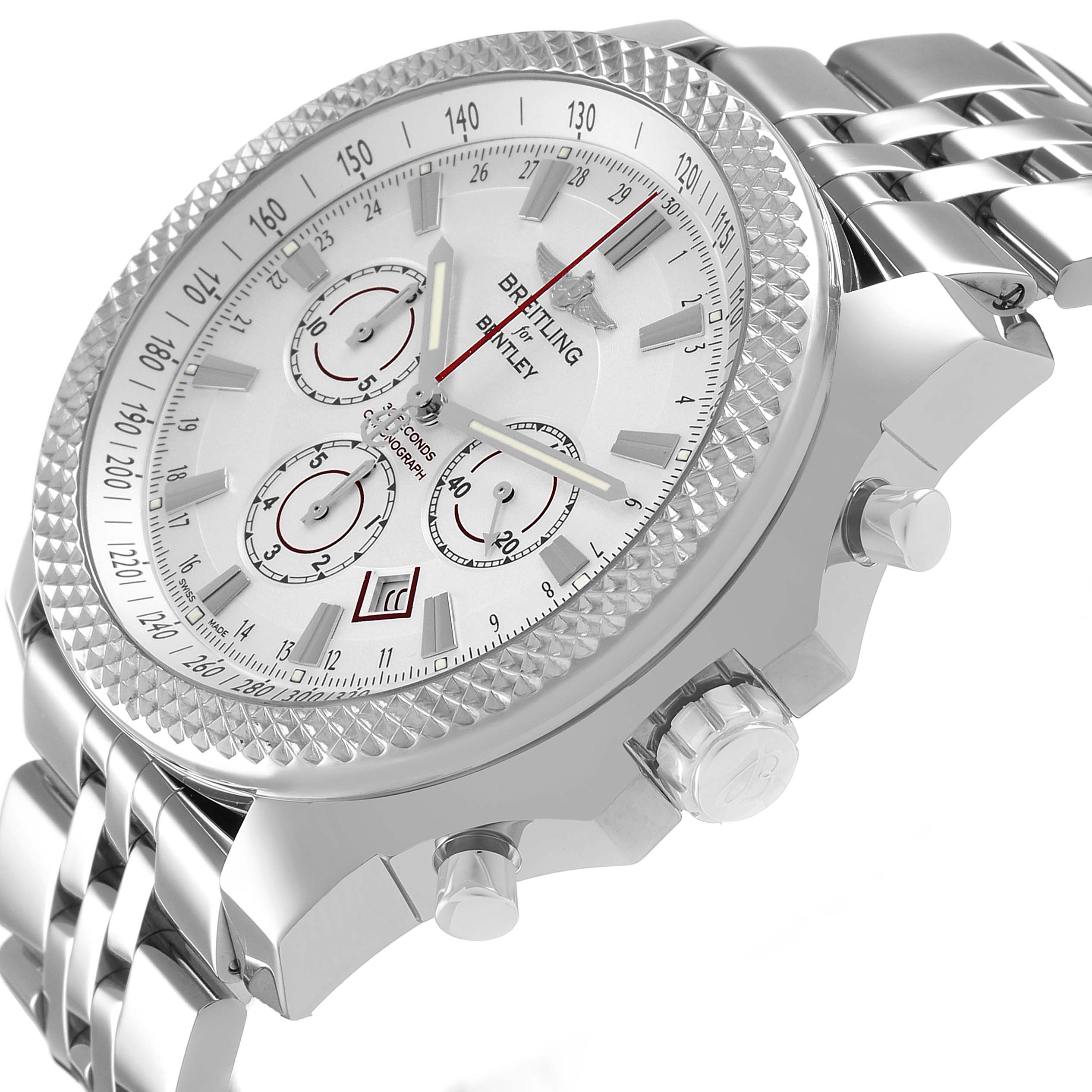 The Breitling Bentley A25368 Men's Stainless Steel Silver Dial watch is shown at an angle highlighting its face, side buttons, crown, and bracelet.