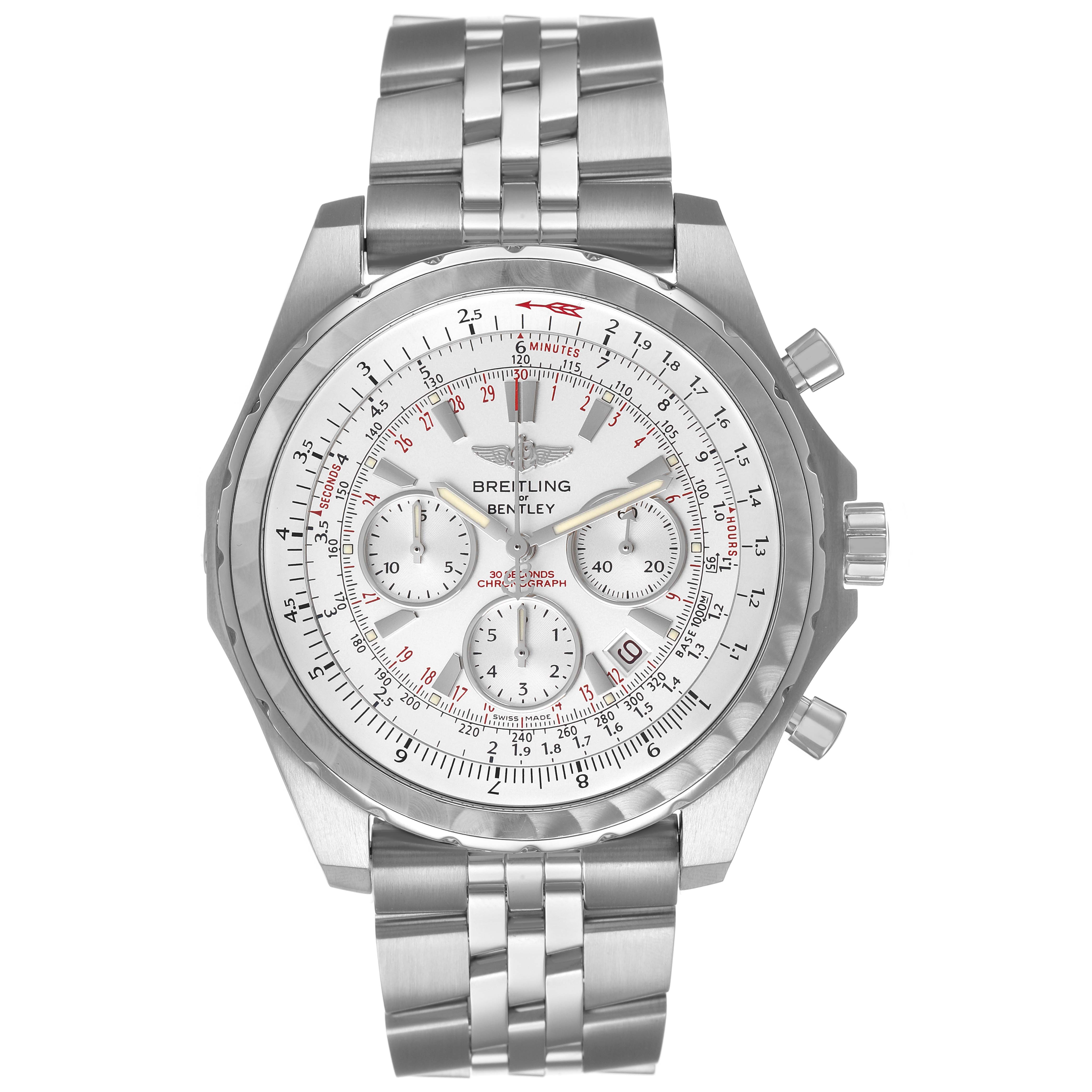 The Breitling Bentley A25363 Men's Stainless Steel Silver Dial watch is shown from the front, displaying its face, bezel, and bracelet.