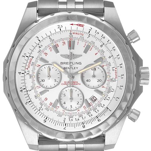 The Breitling Bentley A25363 Men's Stainless Steel Silver Dial watch is shown from a front angle, highlighting the face, bezel, subdials, and crown.