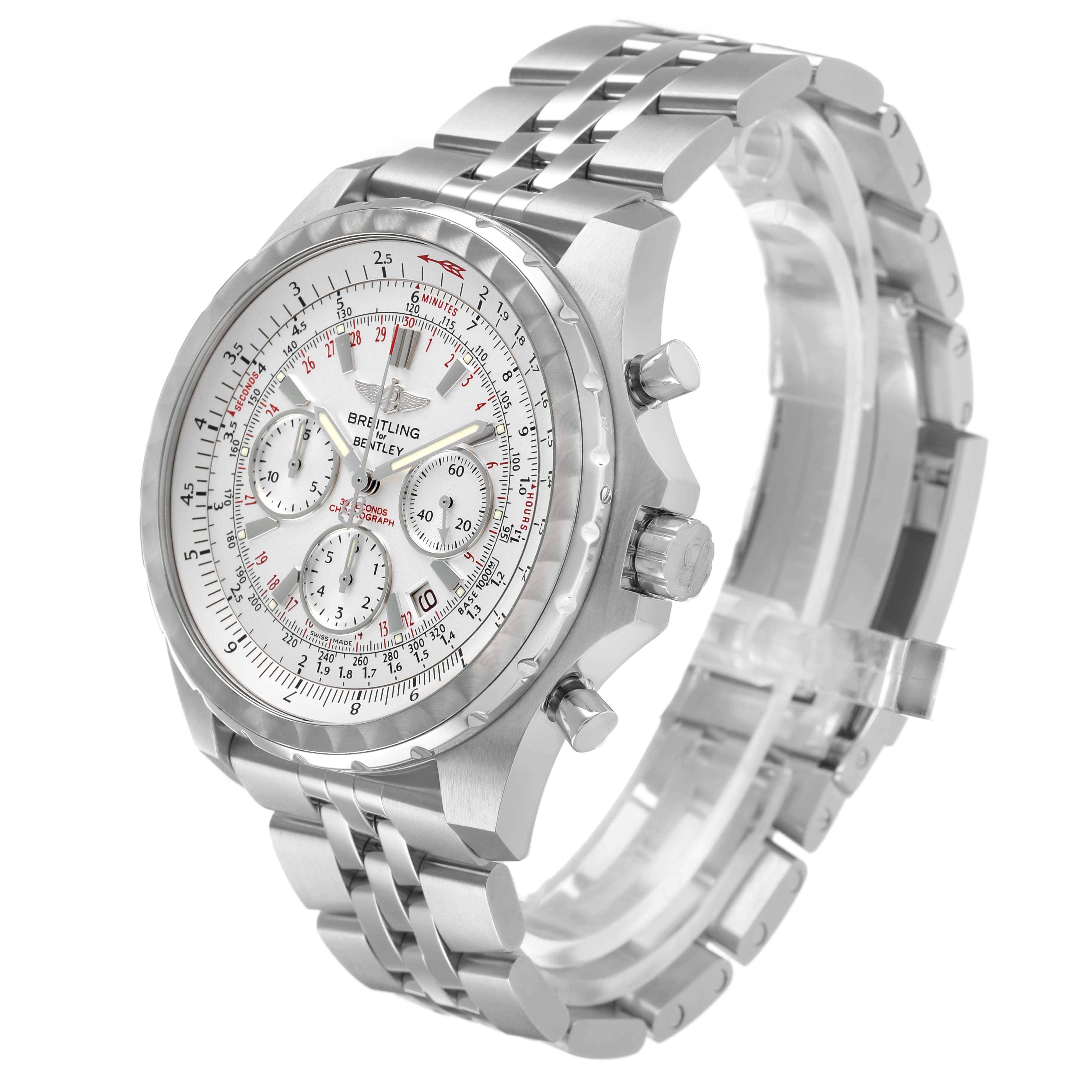 The Breitling Bentley A25363 Men's Stainless Steel Silver Dial watch is shown at a slight angle, highlighting the dial, bezel, side buttons, and metal bracelet.