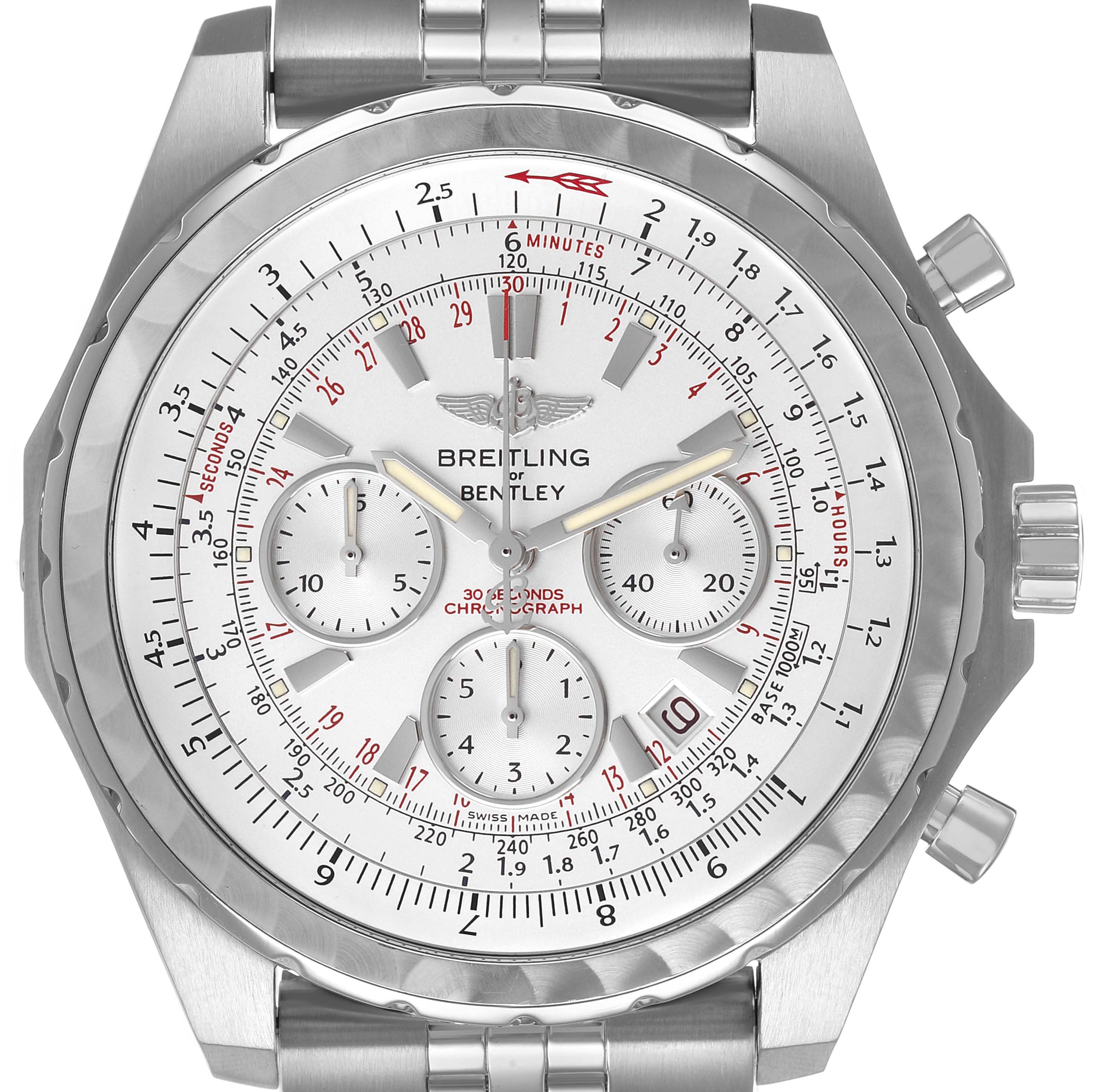 The Breitling Bentley A25363 Men's Stainless Steel Silver Dial watch is shown from a front angle, highlighting its dial, subdials, bezel, and bracelet.
