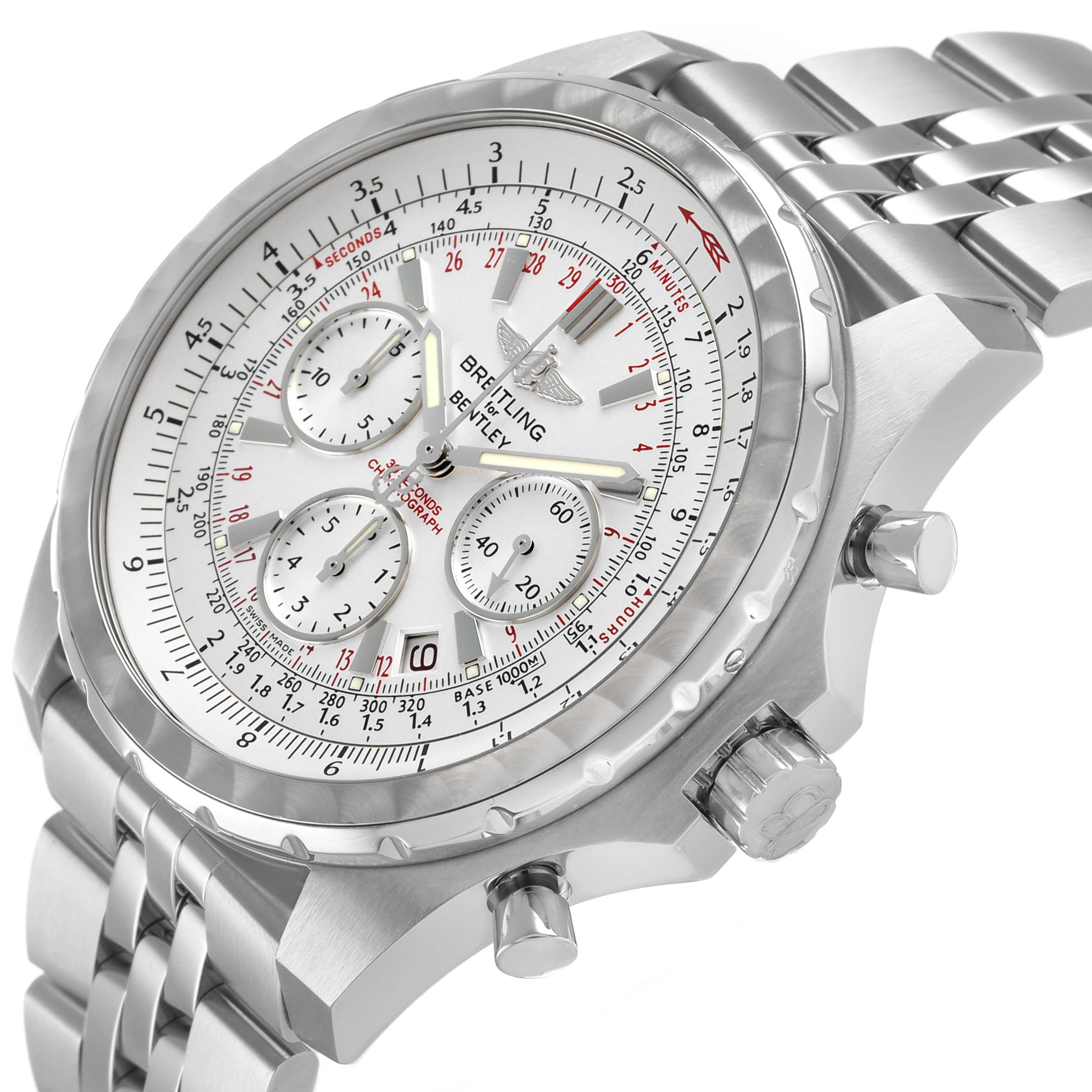 The Breitling Bentley A25363 Men's Stainless Steel Silver Dial watch is shown at a three-quarter angle, highlighting the dial, bezel, pushers, crown, and bracelet.
