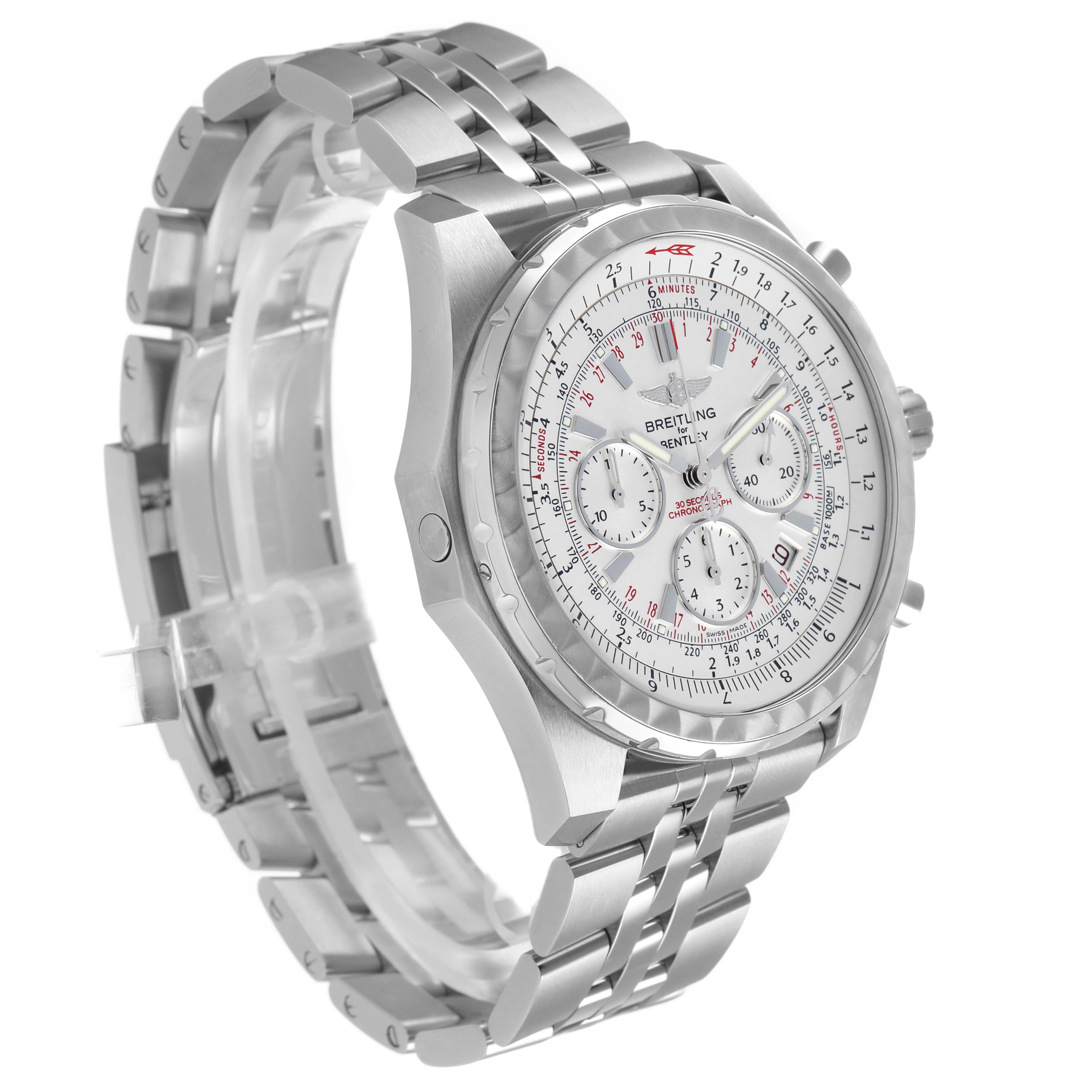 The Breitling Bentley A25363 Men's Stainless Steel Silver Dial watch is shown at a three-quarter angle, highlighting the face, bezel, crown, and metal bracelet.