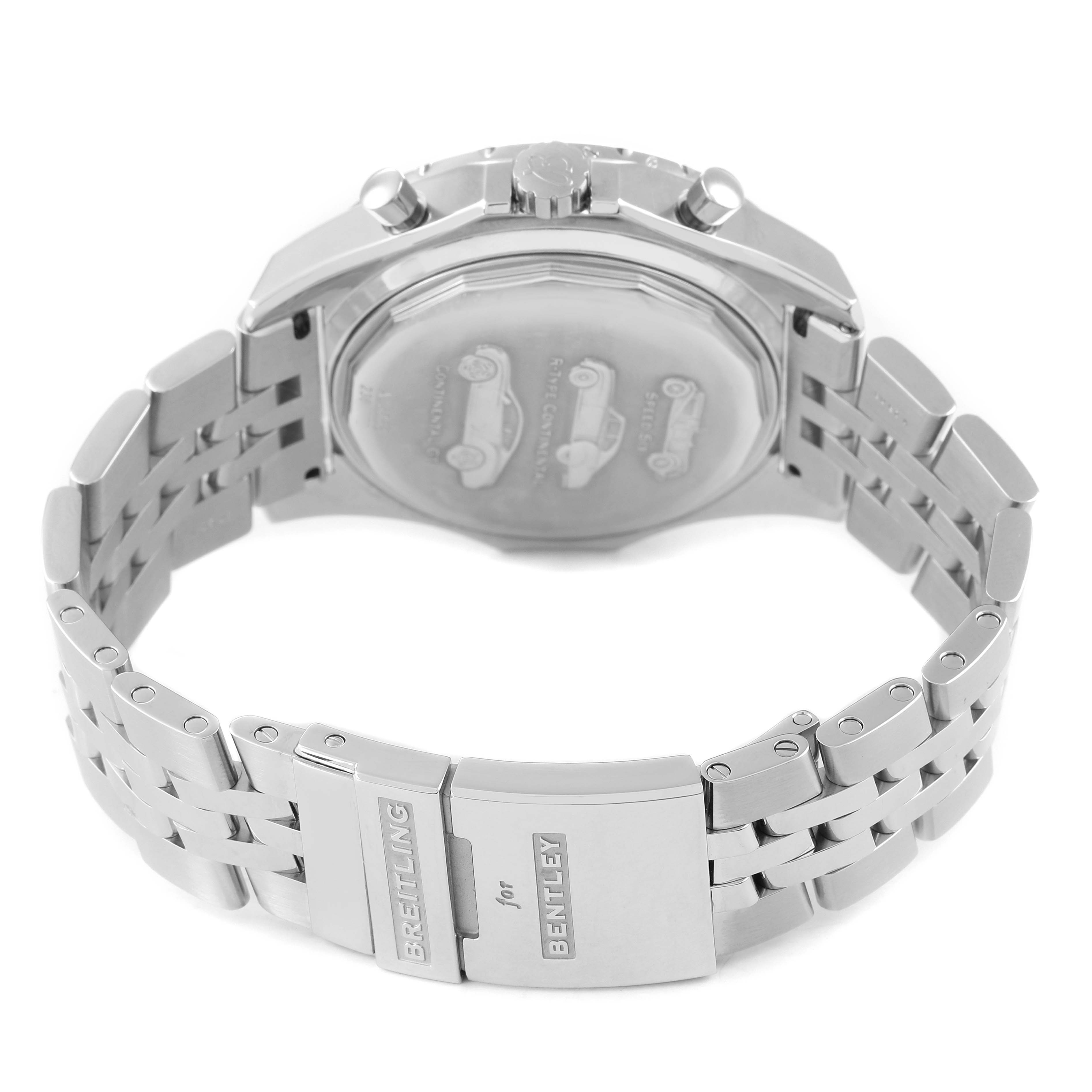 The image shows the back and bracelet of a Breitling Bentley A25363 Men's Stainless Steel Silver Dial watch, highlighting the clasp and case back.