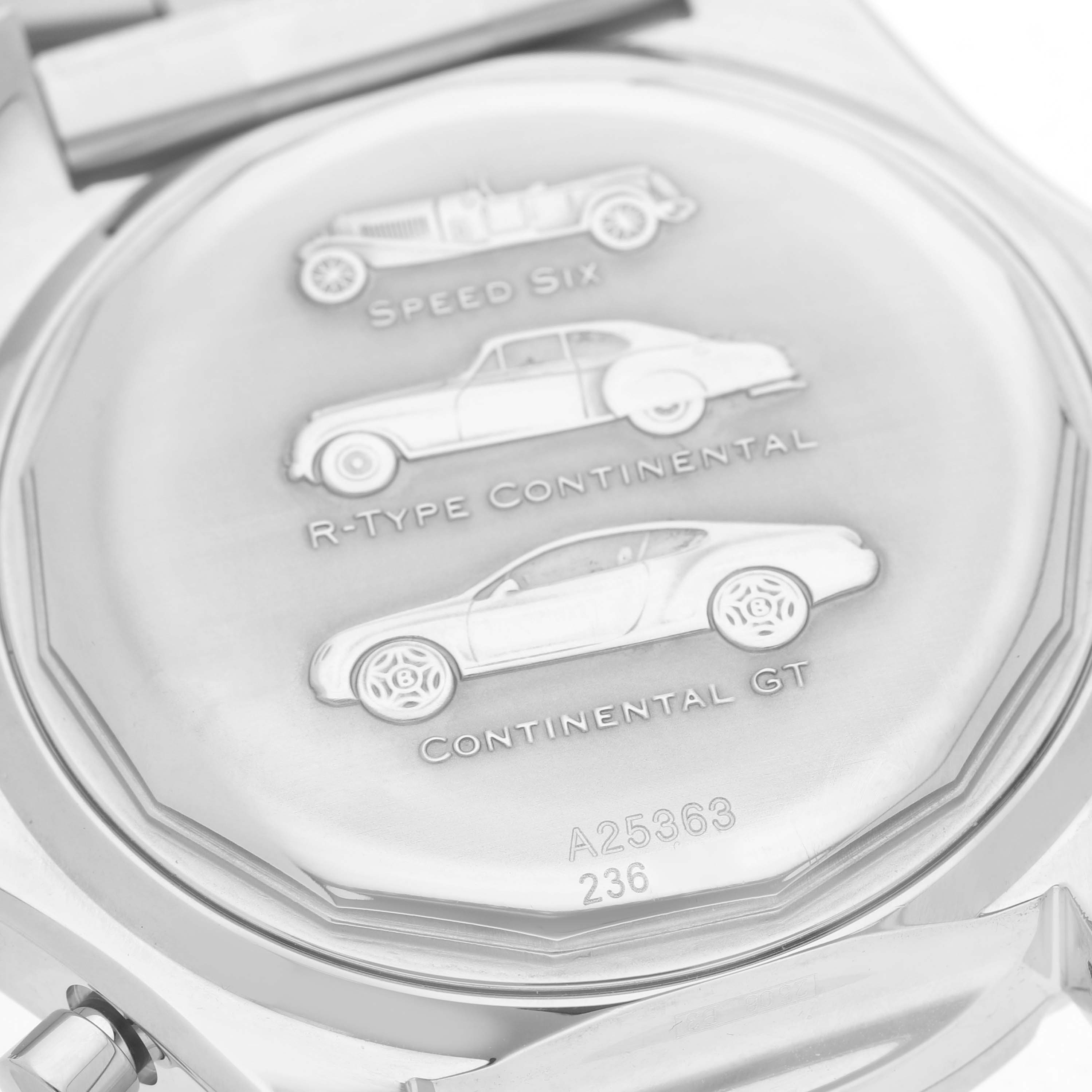 The image shows the case back of a Breitling Bentley A25363 Men's Stainless Steel Silver Dial watch with engraved car models and serial numbers.