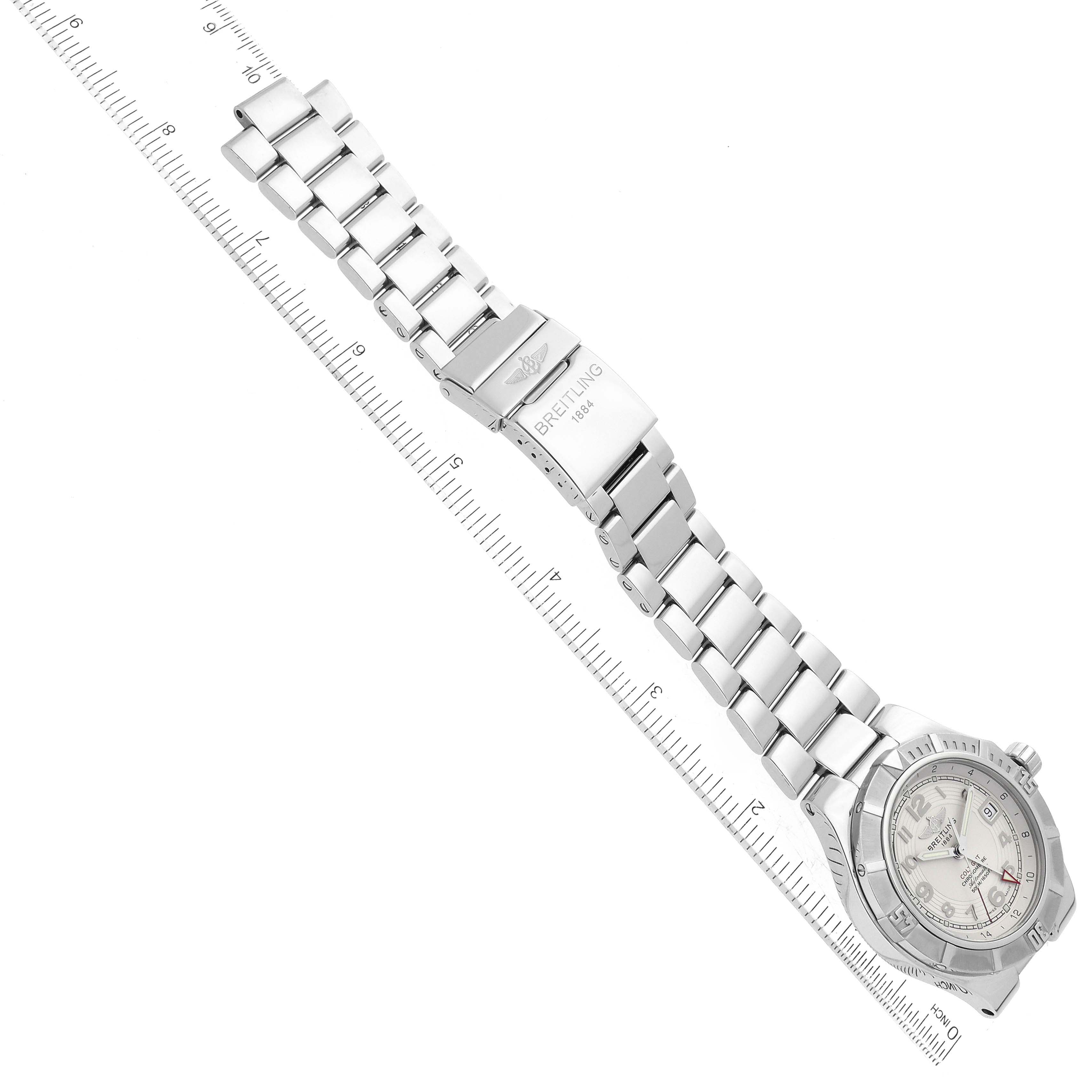 The image shows the Breitling Colt A3237011/G673 Men's Stainless Steel Silver Dial A3237011/G673 Men's Stainless Steel Silver Dial model watch at a top-down angle, including the face, bracelet, and clasp.