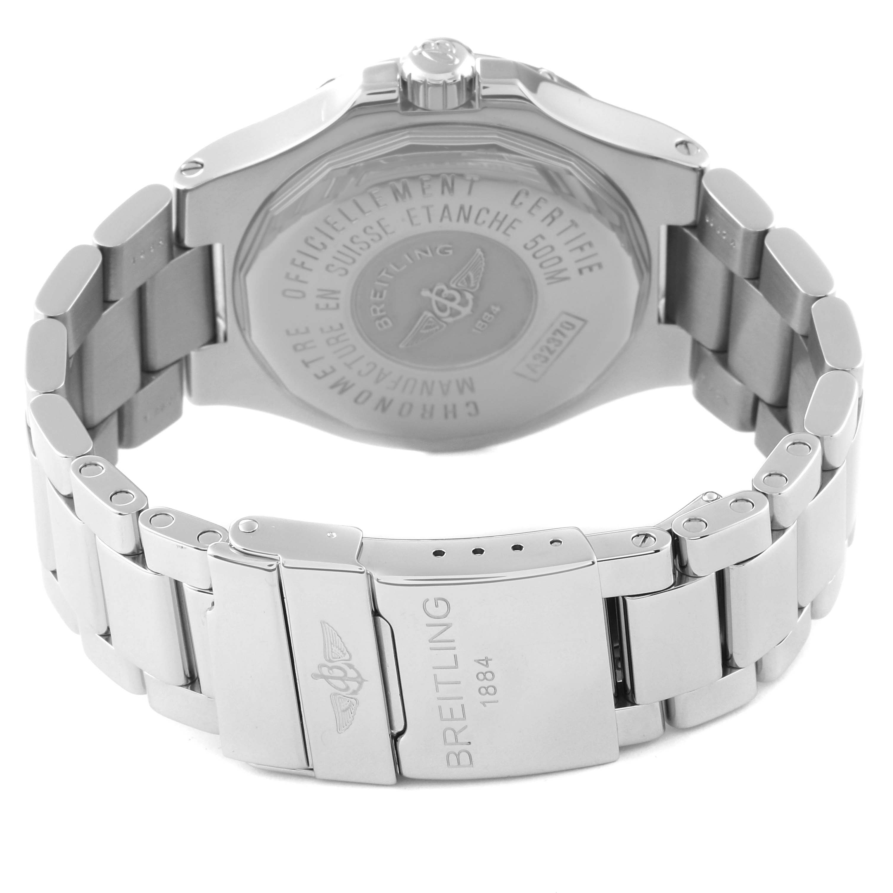 The image shows the back of a Breitling Colt A3237011/G673 Men's Stainless Steel Silver Dial A3237011/G673 Men's Stainless Steel Silver Dial watch, displaying its case back and metal bracelet with the Breitling logo on the clasp.