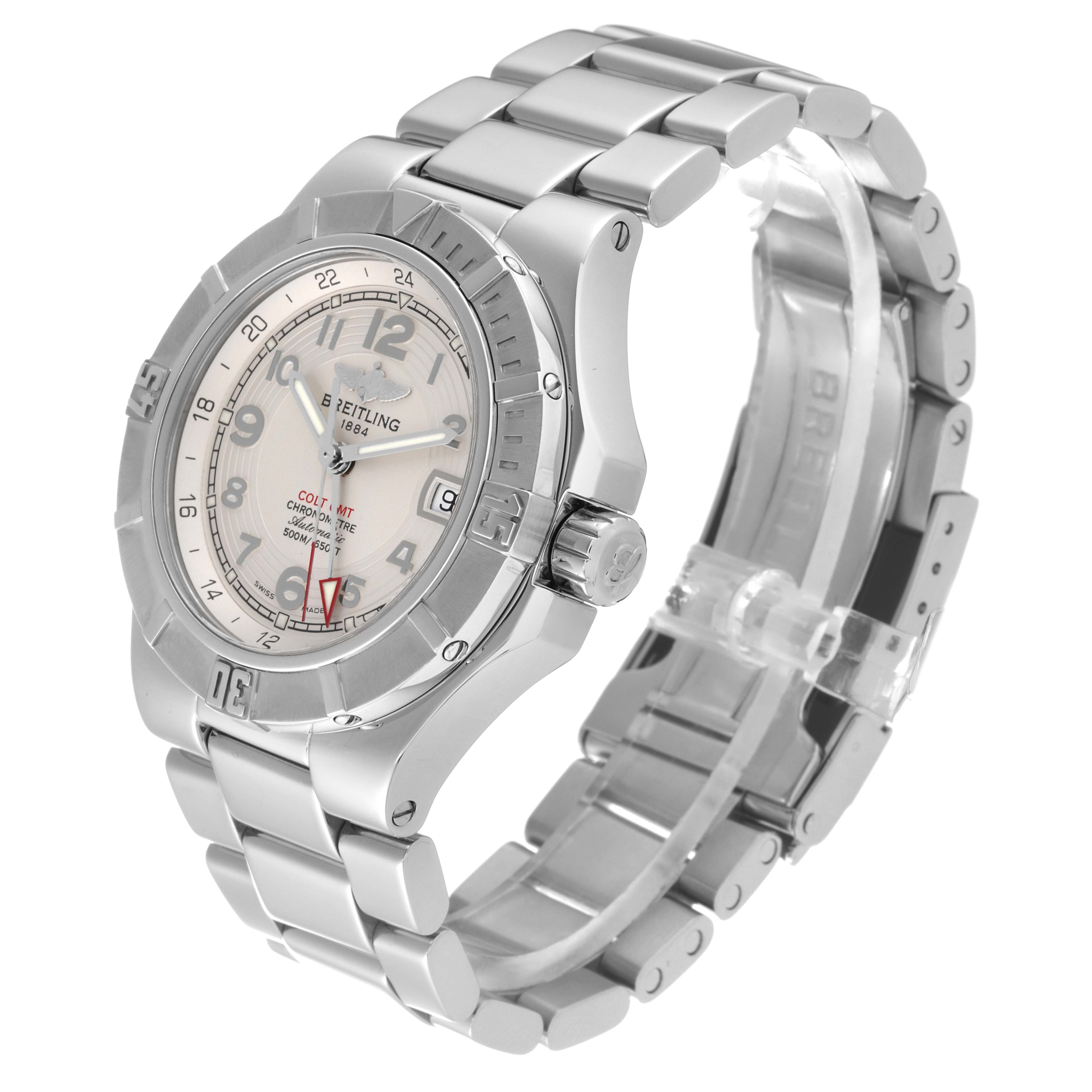 The Breitling Colt A3237011/G673 Men's Stainless Steel Silver Dial A3237011/G673 Men's Stainless Steel Silver Dial watch is shown at an angle, highlighting the face, bezel, crown, and bracelet.