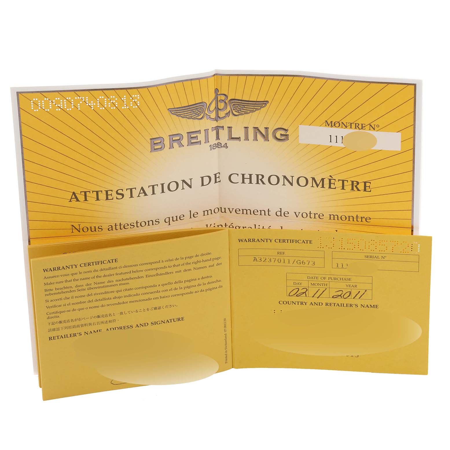 The image shows the warranty and chronometer certification documents for a Breitling Colt A3237011/G673 Men's Stainless Steel Silver Dial A3237011/G673 Men's Stainless Steel Silver Dial watch.