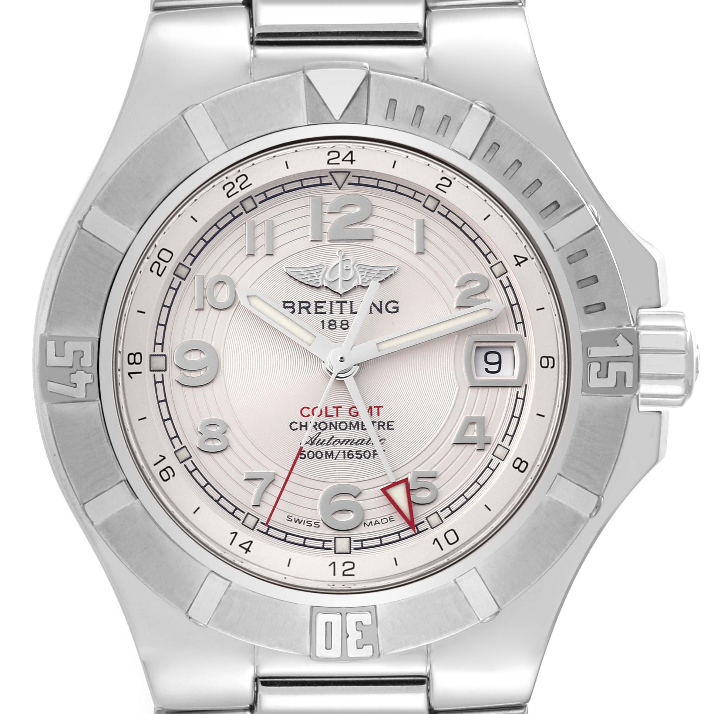 The image shows a frontal view of a Breitling Colt A3237011/G673 Men's Stainless Steel Silver Dial A3237011/G673 Men's Stainless Steel Silver Dial watch, displaying the dial, bezel, and part of the bracelet.